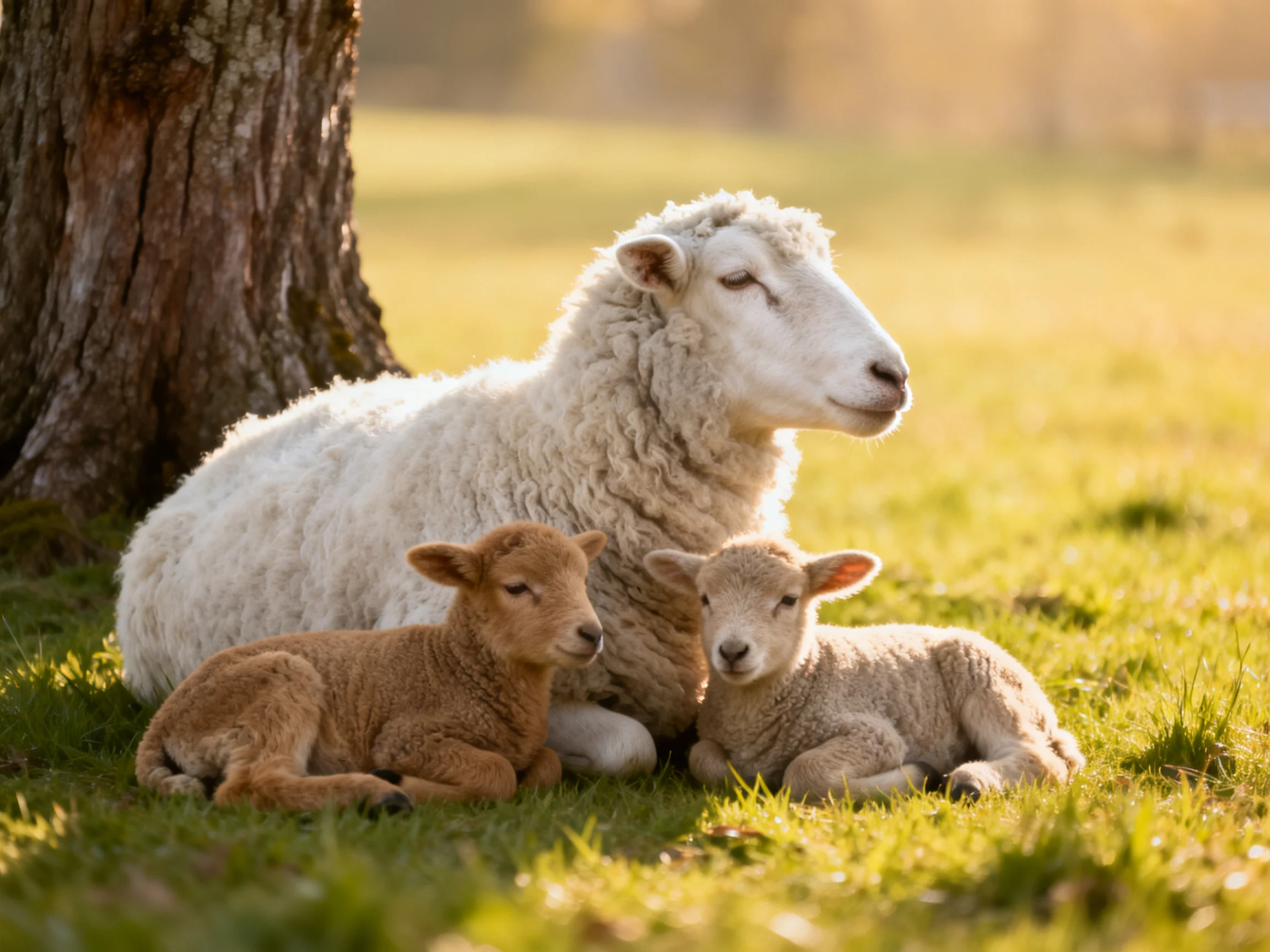 Adult sheep with two lambs resting near a tree on green grass