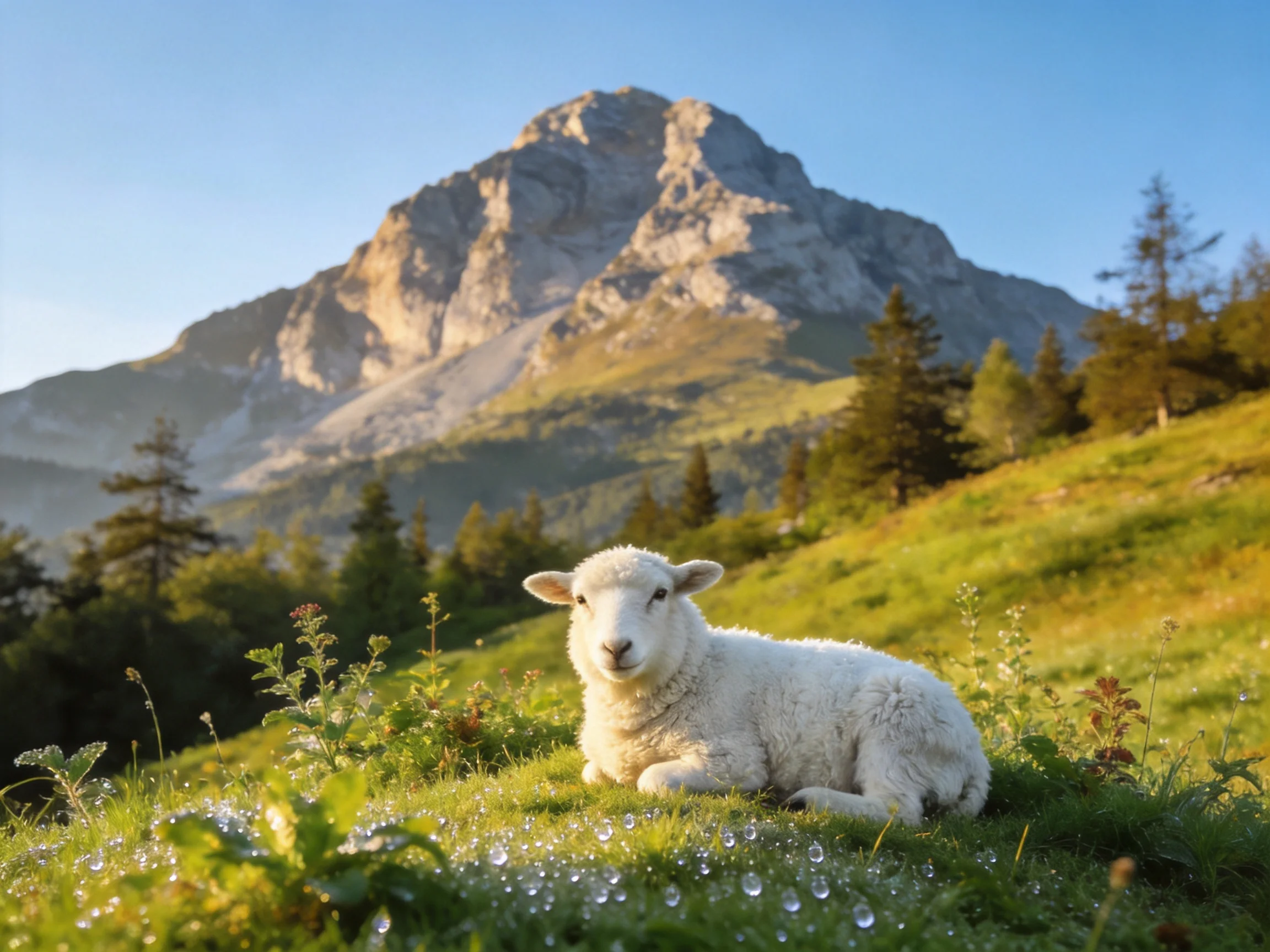 Afluffy white lamb lies on dewy green meadow near towering mountain