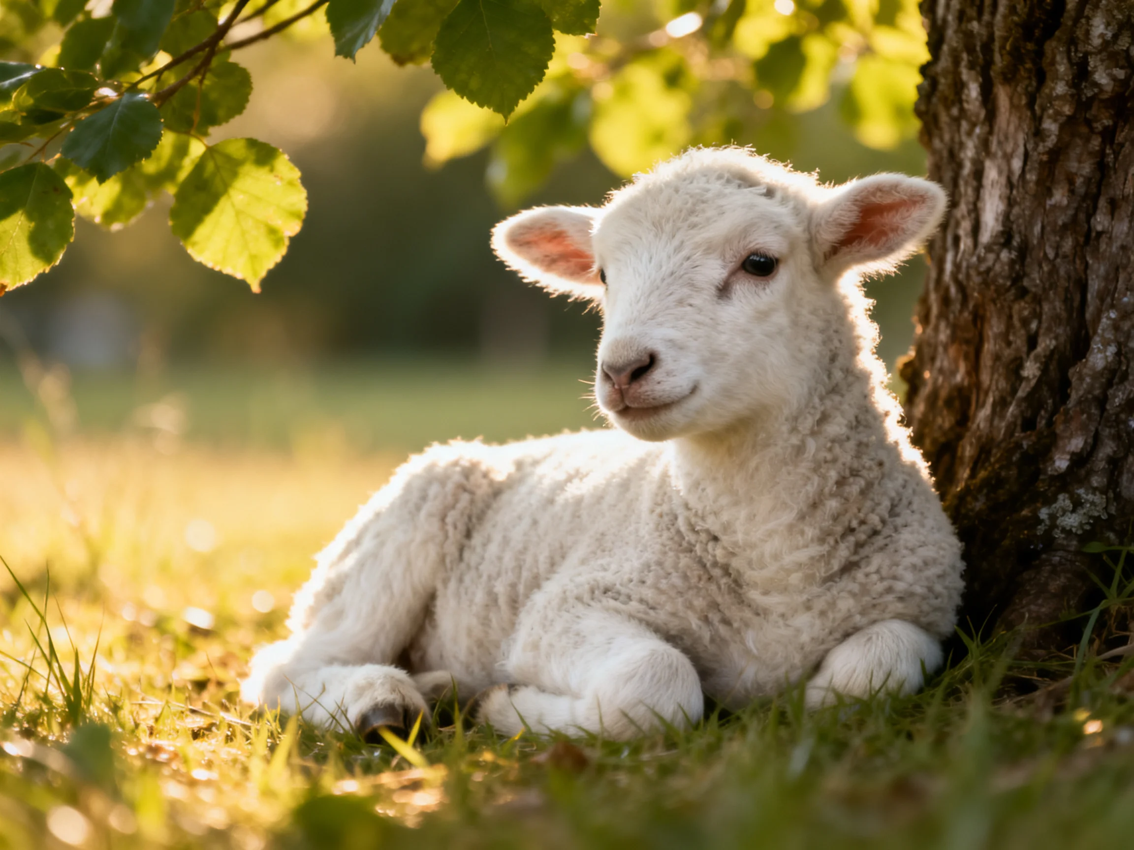Afluffy white lamb resting beside a tree in golden sunlight