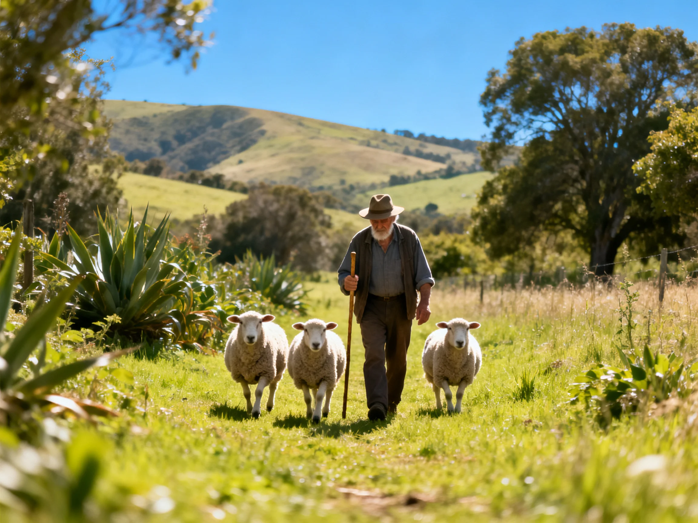 An Elderly Shepherd Herding Sheep Through a Sunlit Countryside