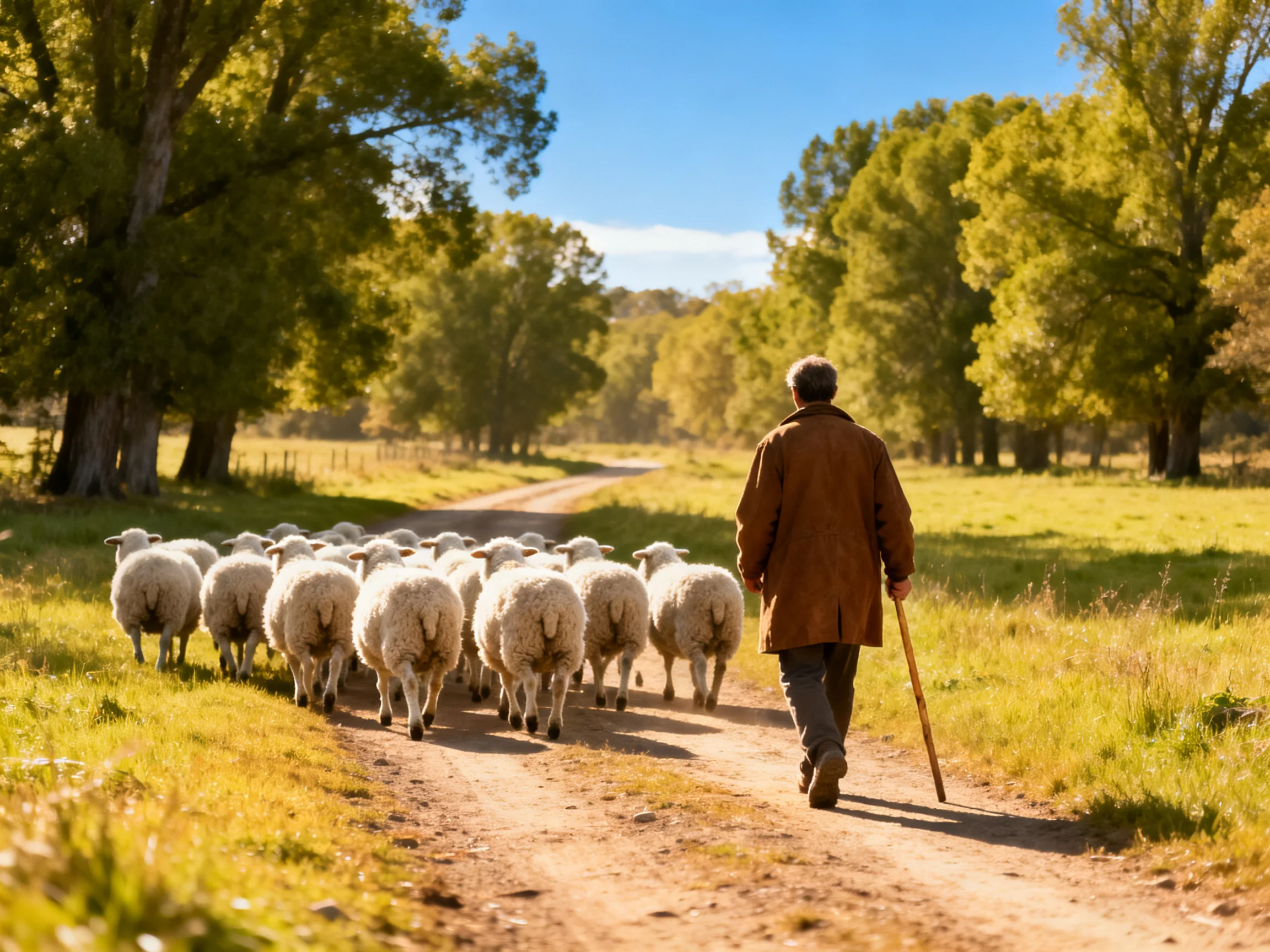 An Elderly Shepherd Herds Sheep Down a Sunlit Dirt Road