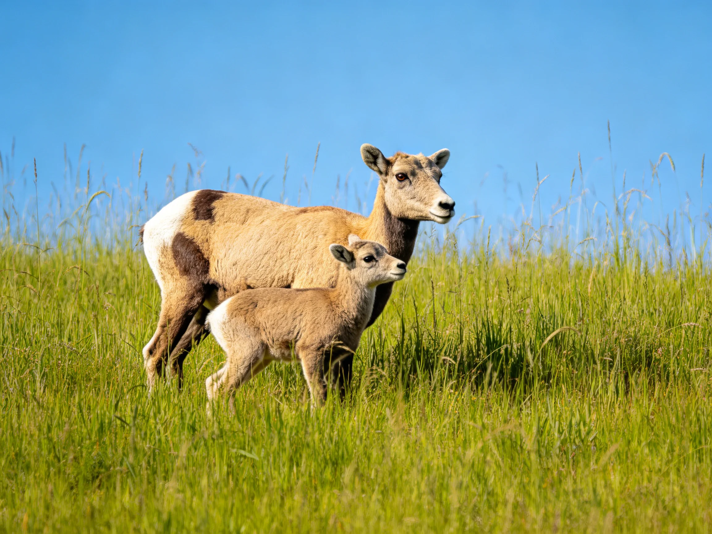 An adult and juvenile bighorn sheep in a lush green meadow under clear blue sky