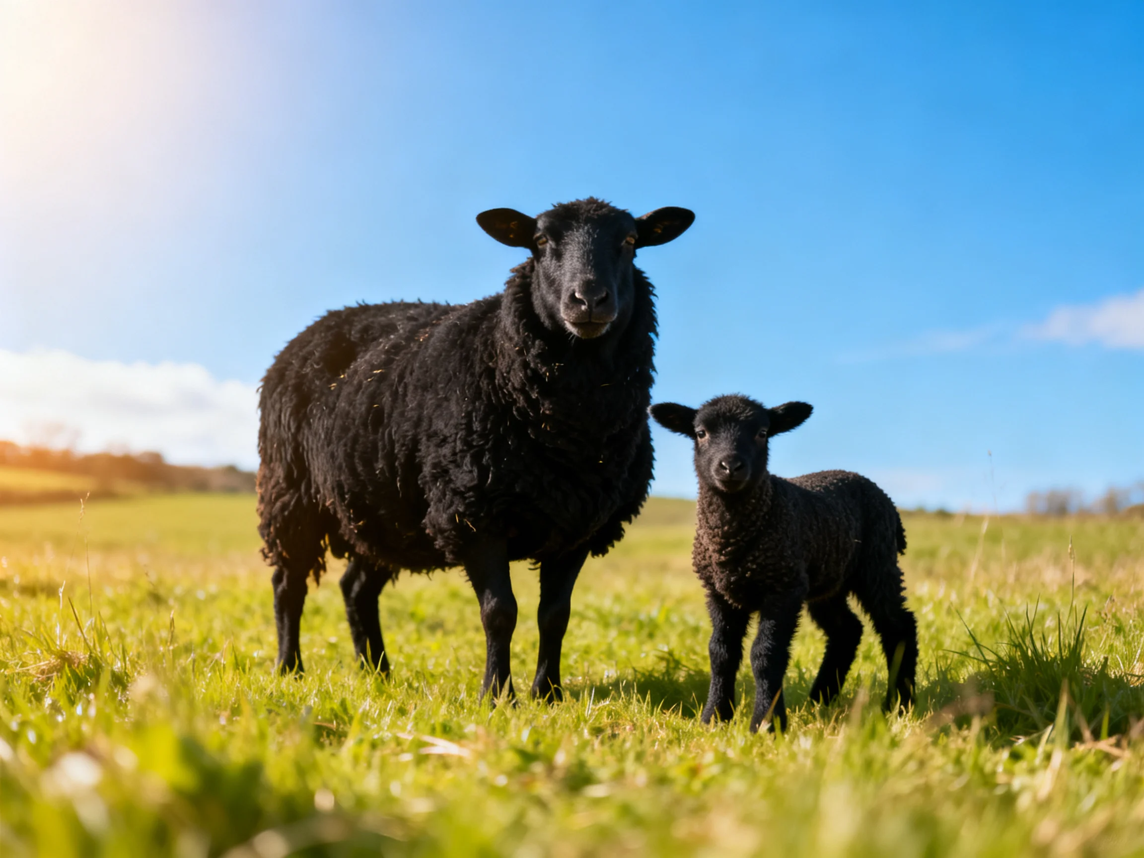 An adult black sheep and lamb stand in a sunny green pasture