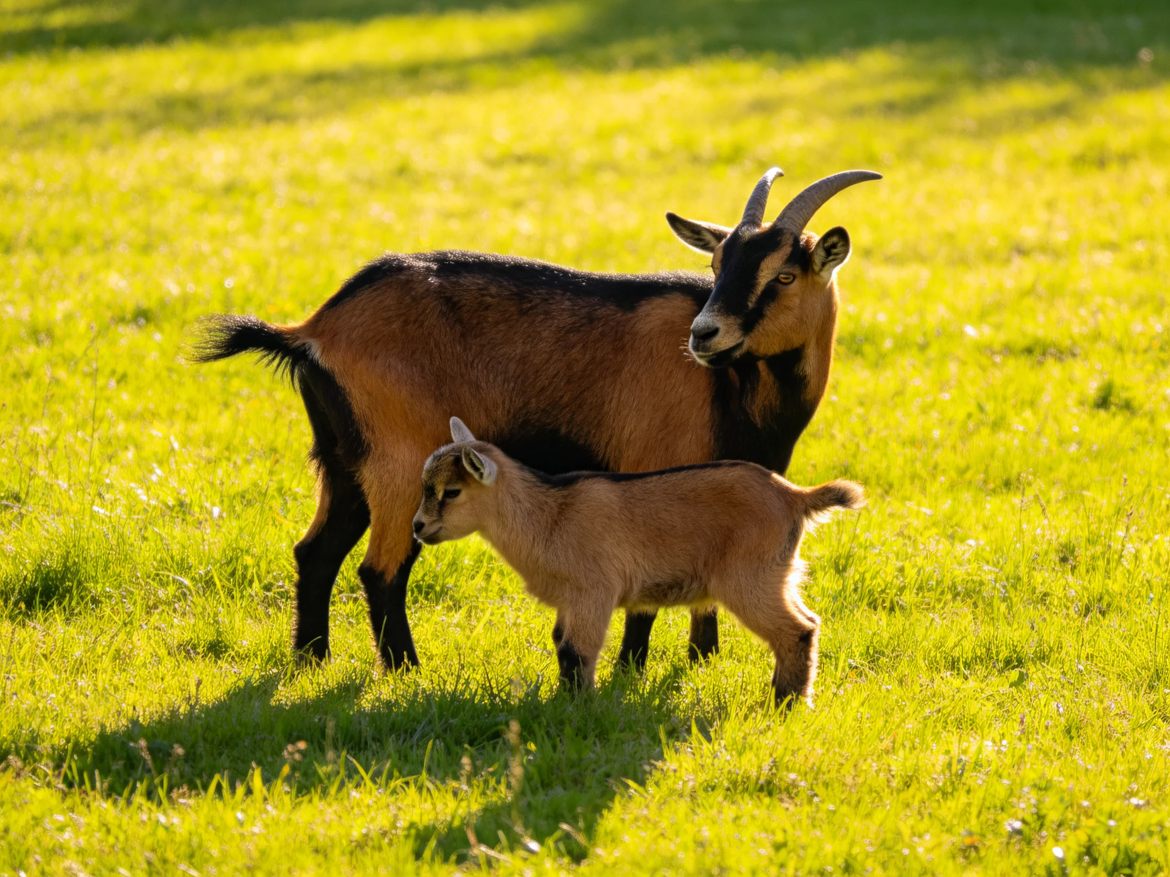 An adult brown-black goat and young tan goat on a sunlit green meadow
