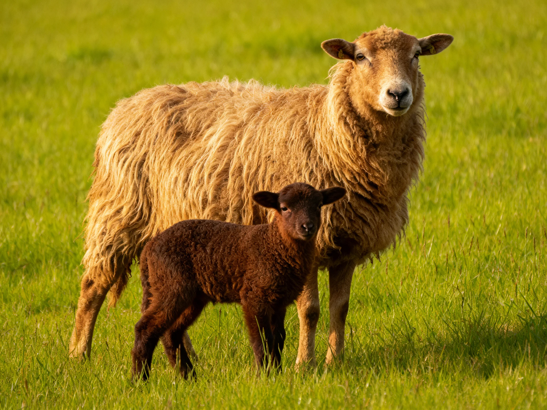An adult golden sheep and dark brown lamb in green grass