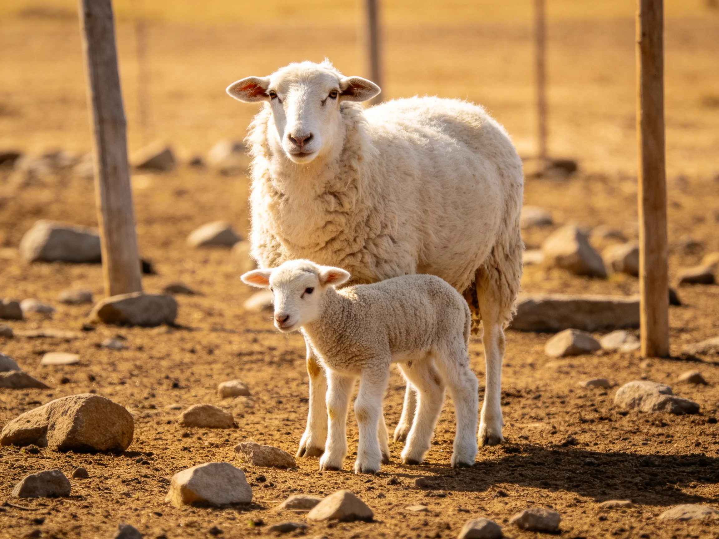 An adult sheep and lamb amidst rocks in a sunlit field