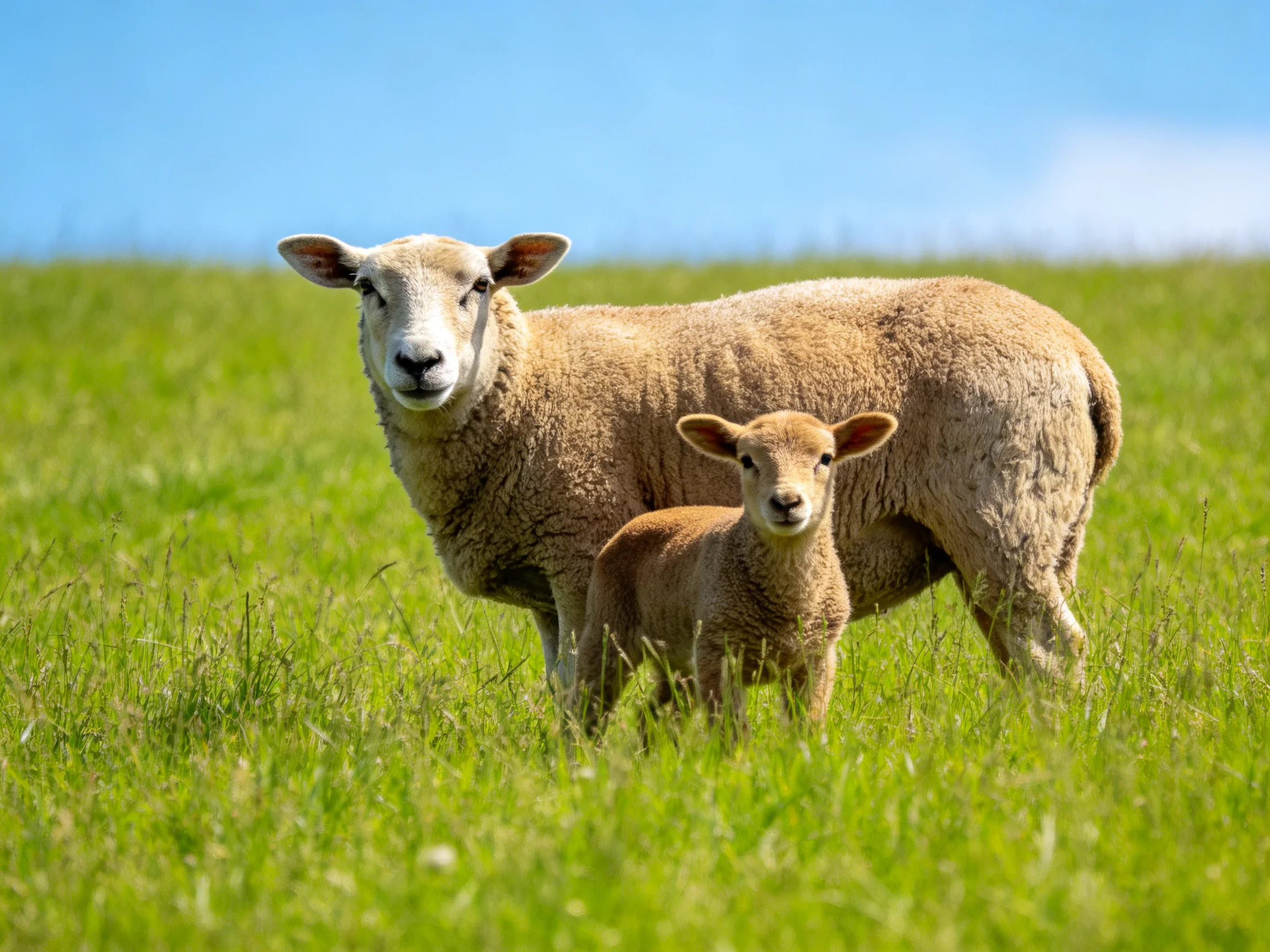 An adult sheep and lamb in a lush green meadow