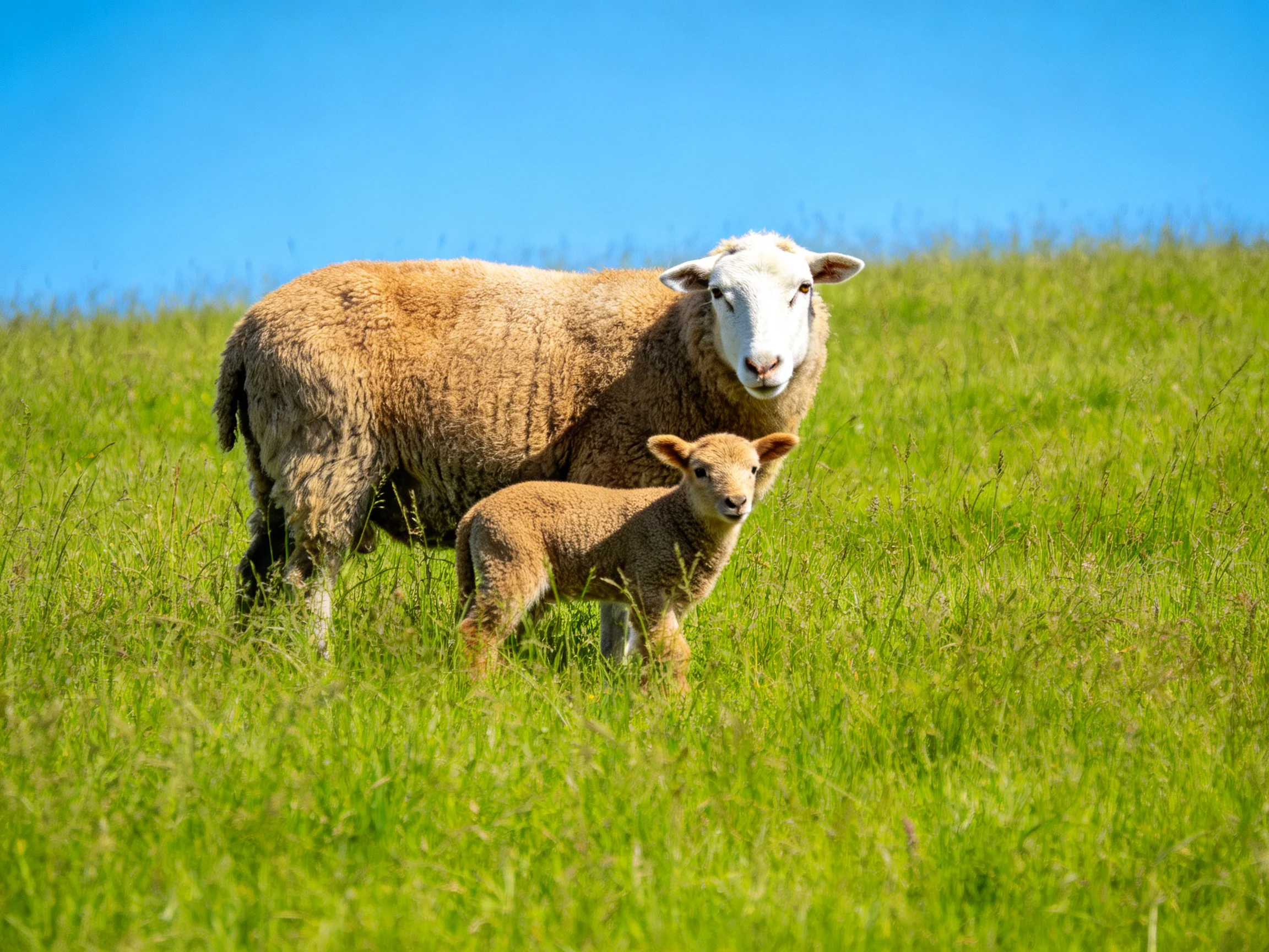 An adult sheep and lamb in a lush green meadow under clear blue sky