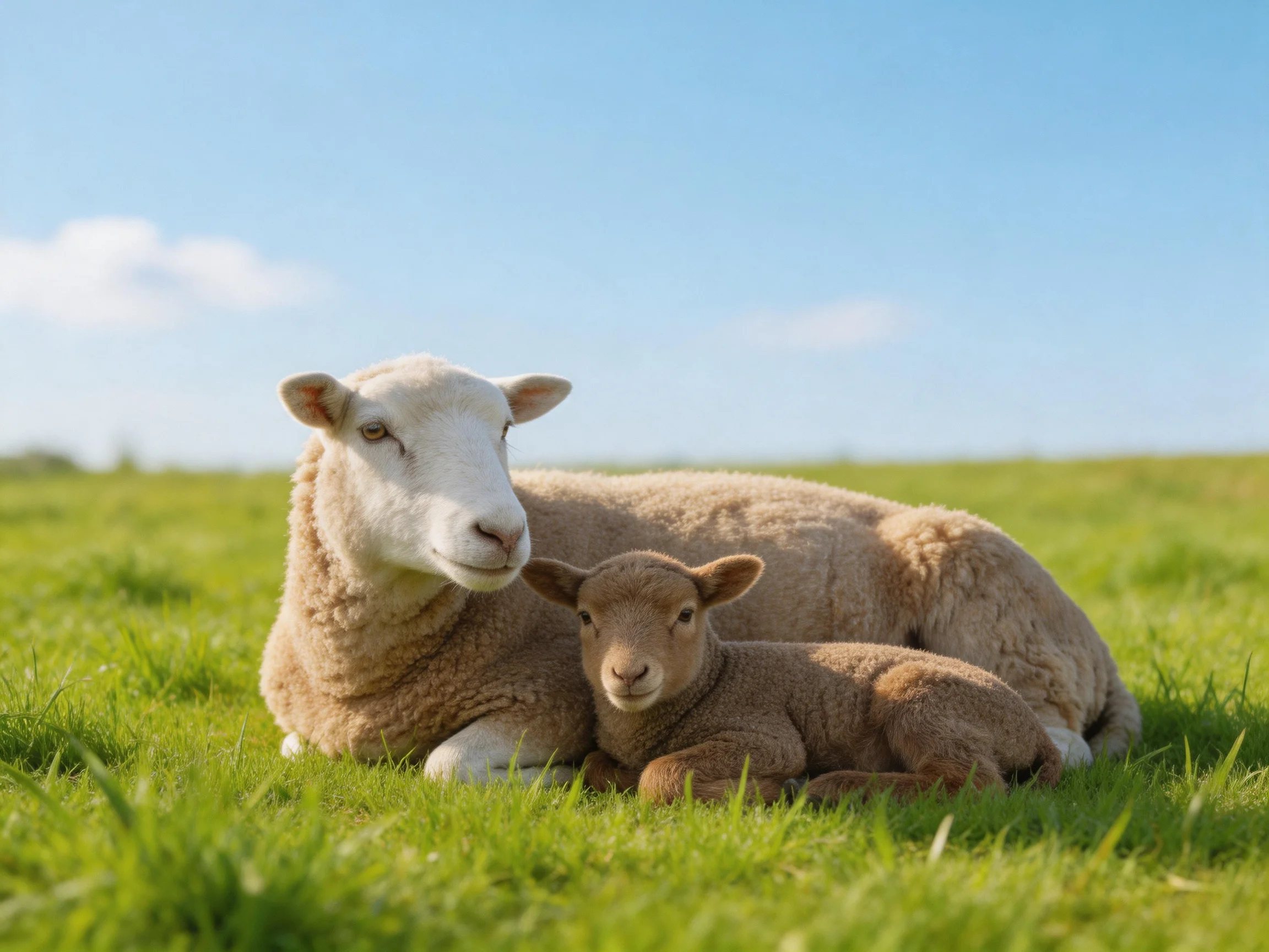 An adult sheep and lamb rest in a lush green meadow under a clear blue sky