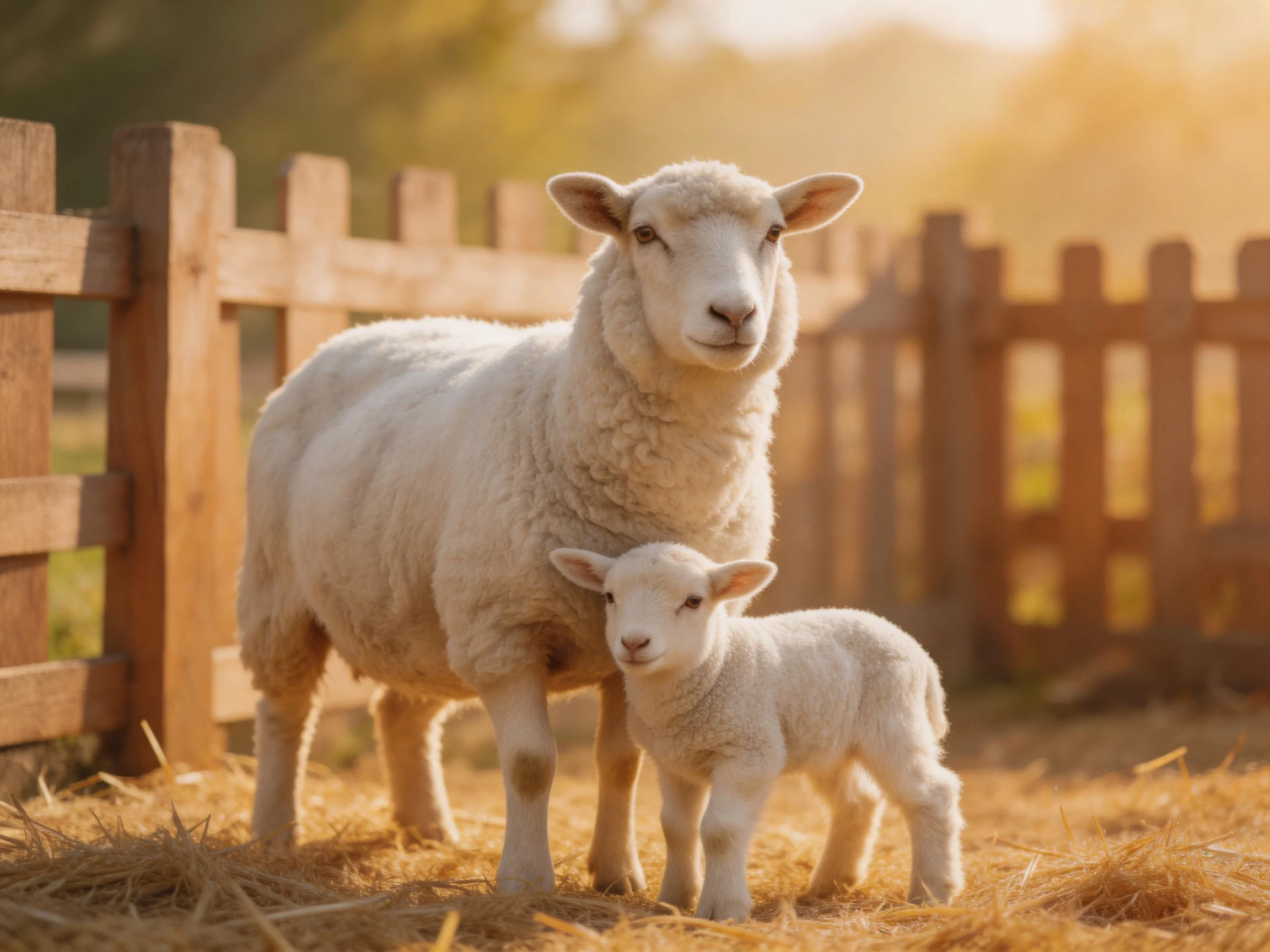 An adult sheep and lamb stand near wooden fences on golden hay