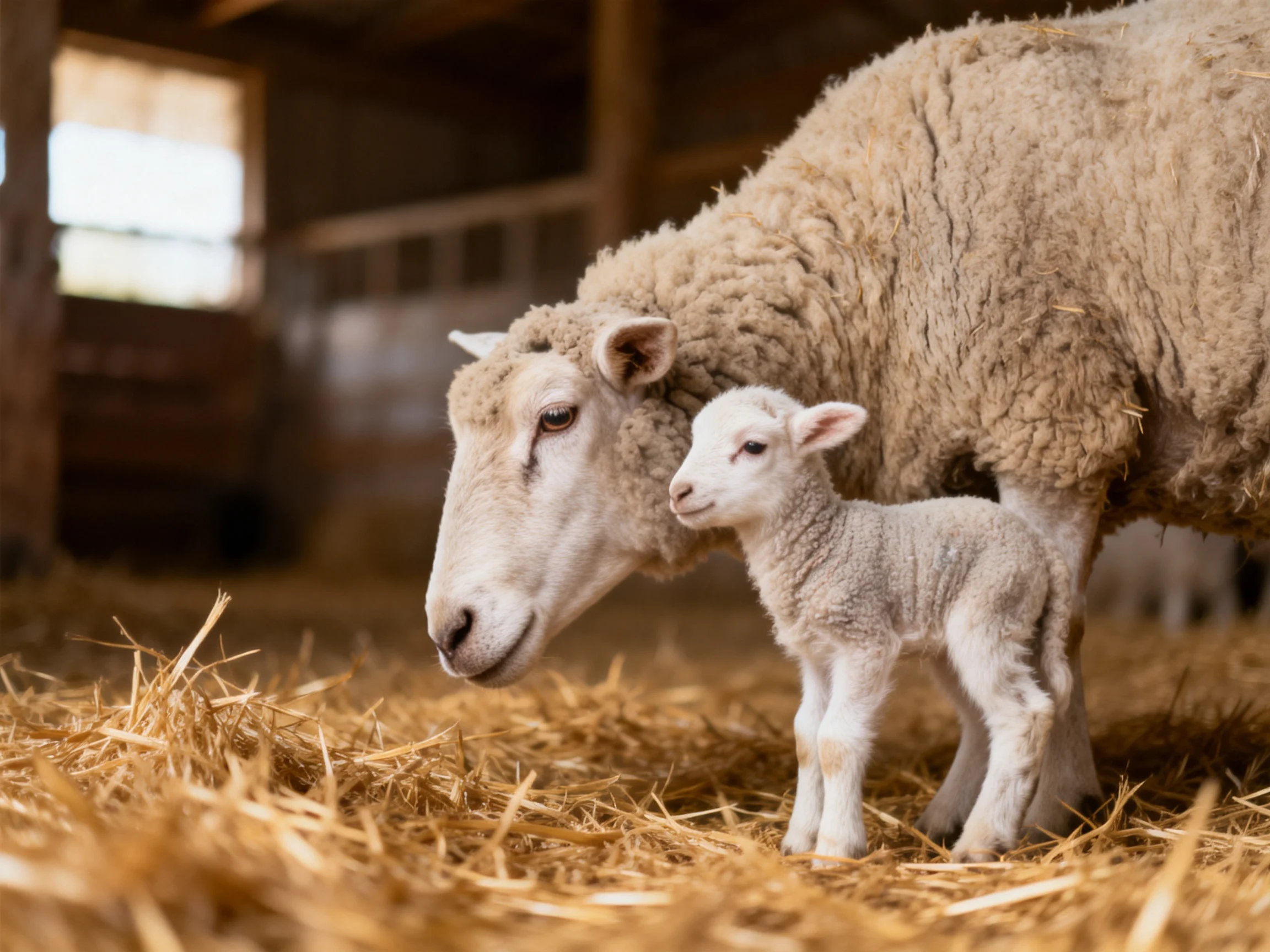 An adult sheep and lamb stand on golden straw in a barn interior.