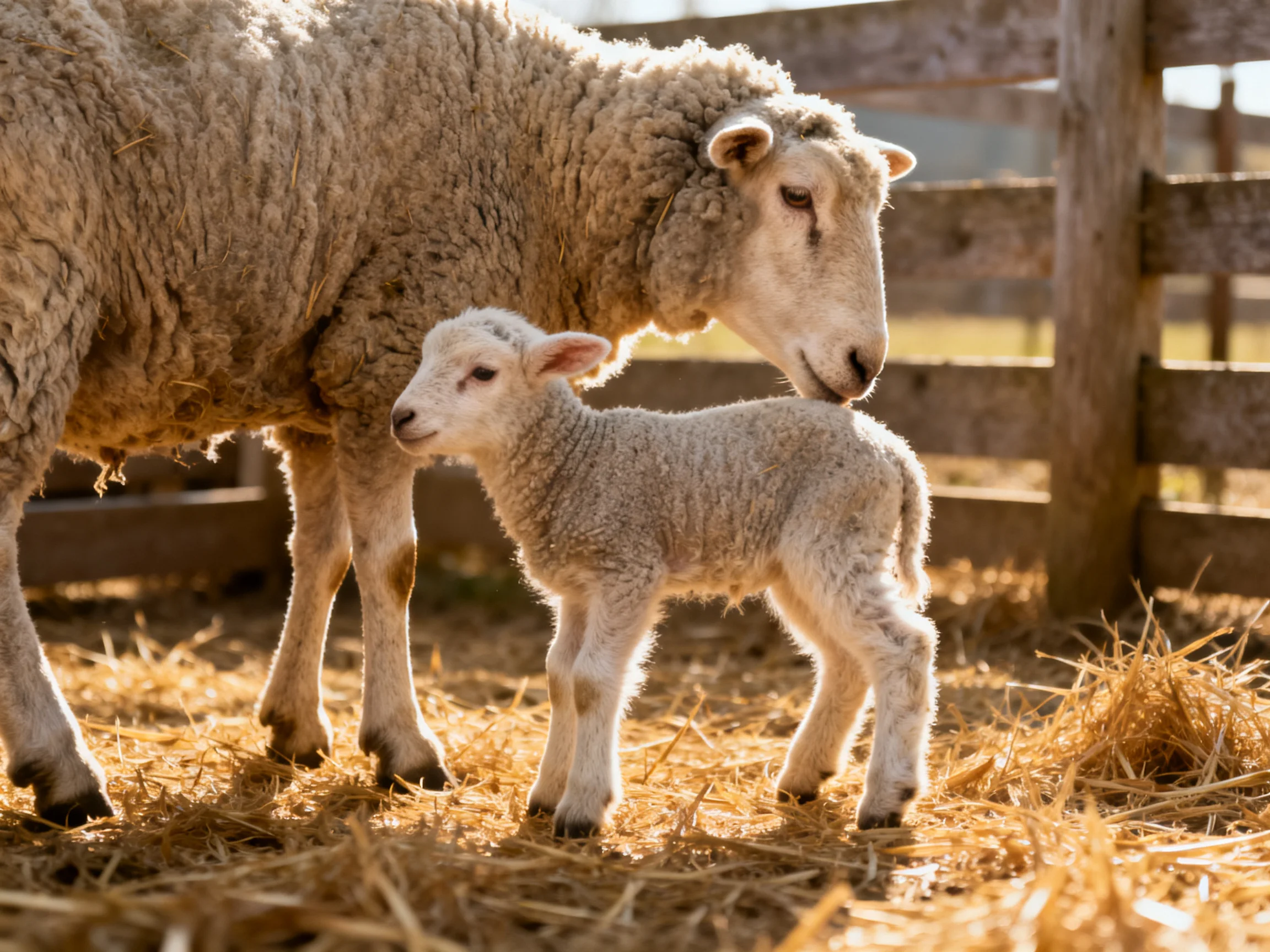 An adult sheep and lamb stand on golden straw near a wooden fence