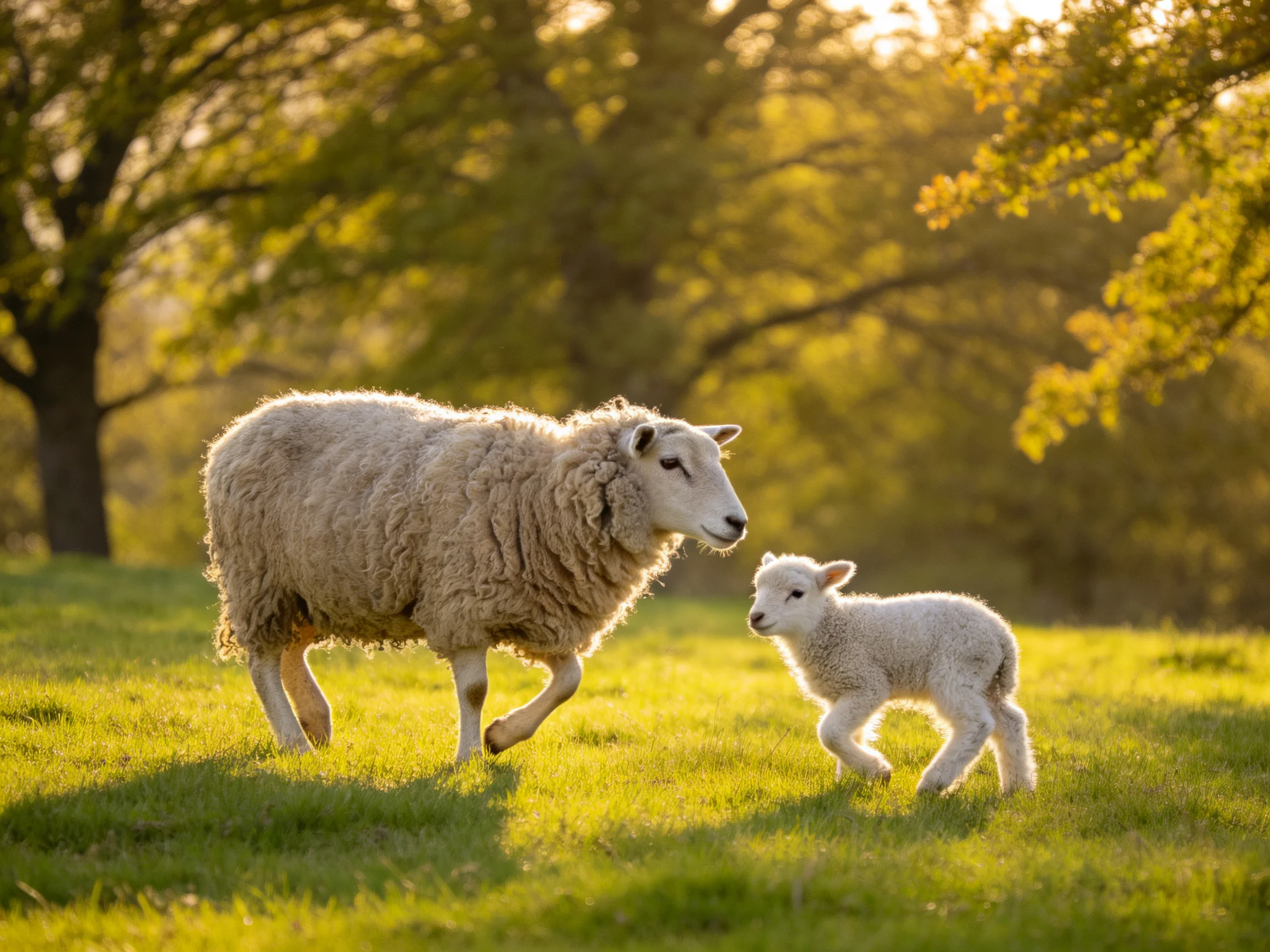 An adult sheep and lamb walk through a sun-drenched green pasture