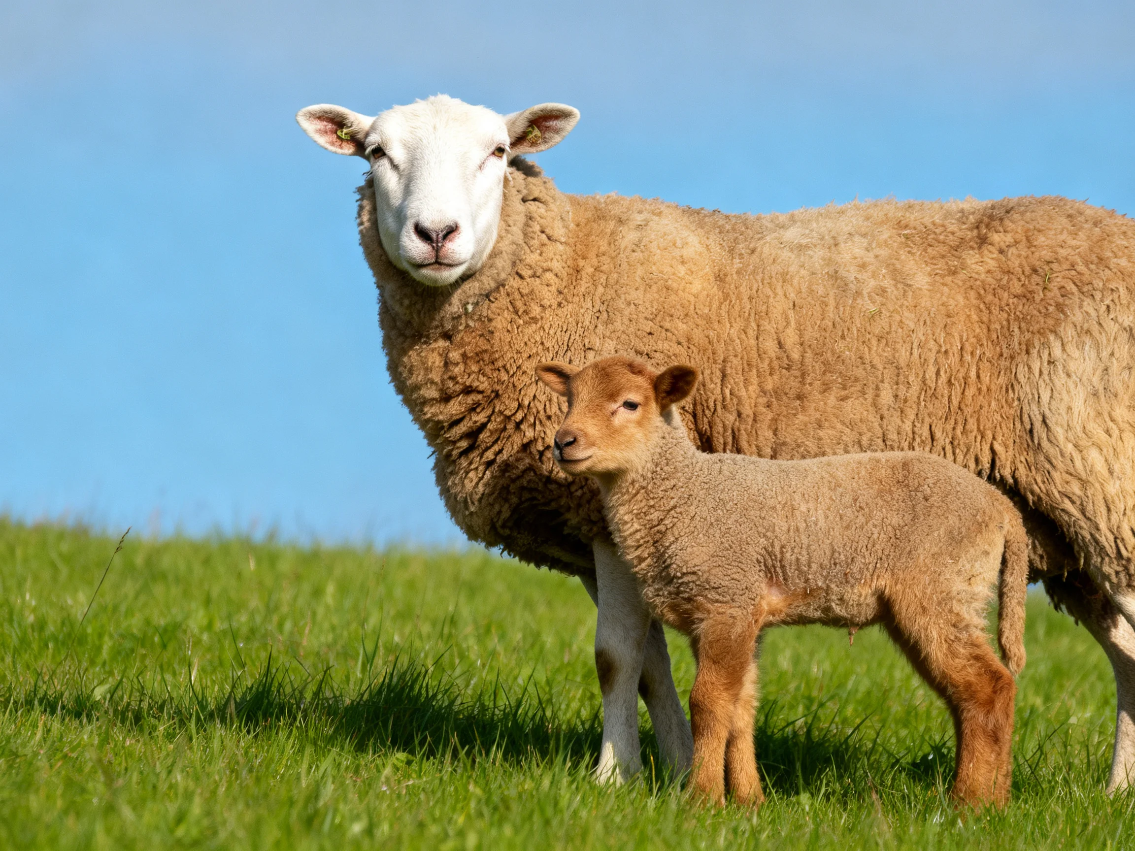 An adult sheep and tan lamb stand on green grass under clear blue sky