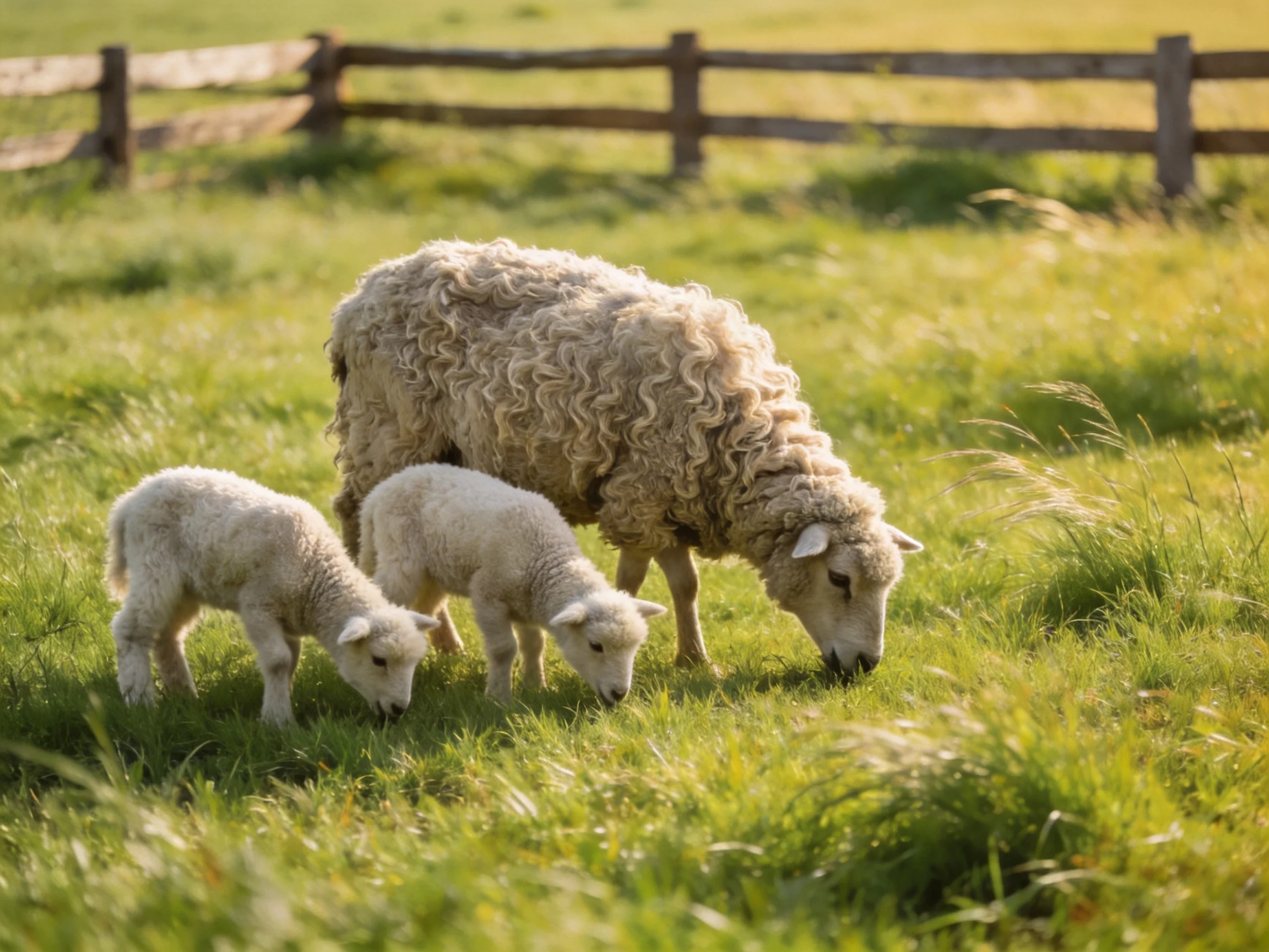 An adult sheep and two lambs graze in a sunlit green pasture