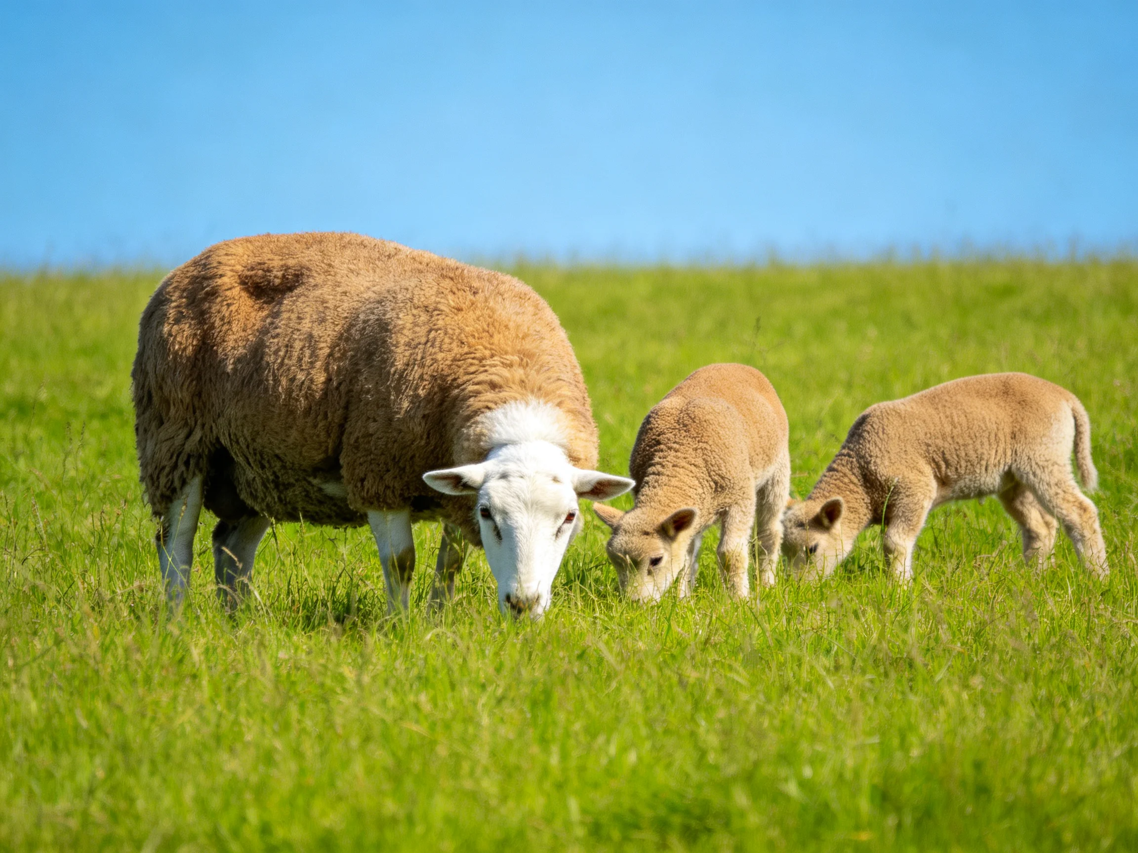 An adult sheep and two lambs graze in a sunny green meadow