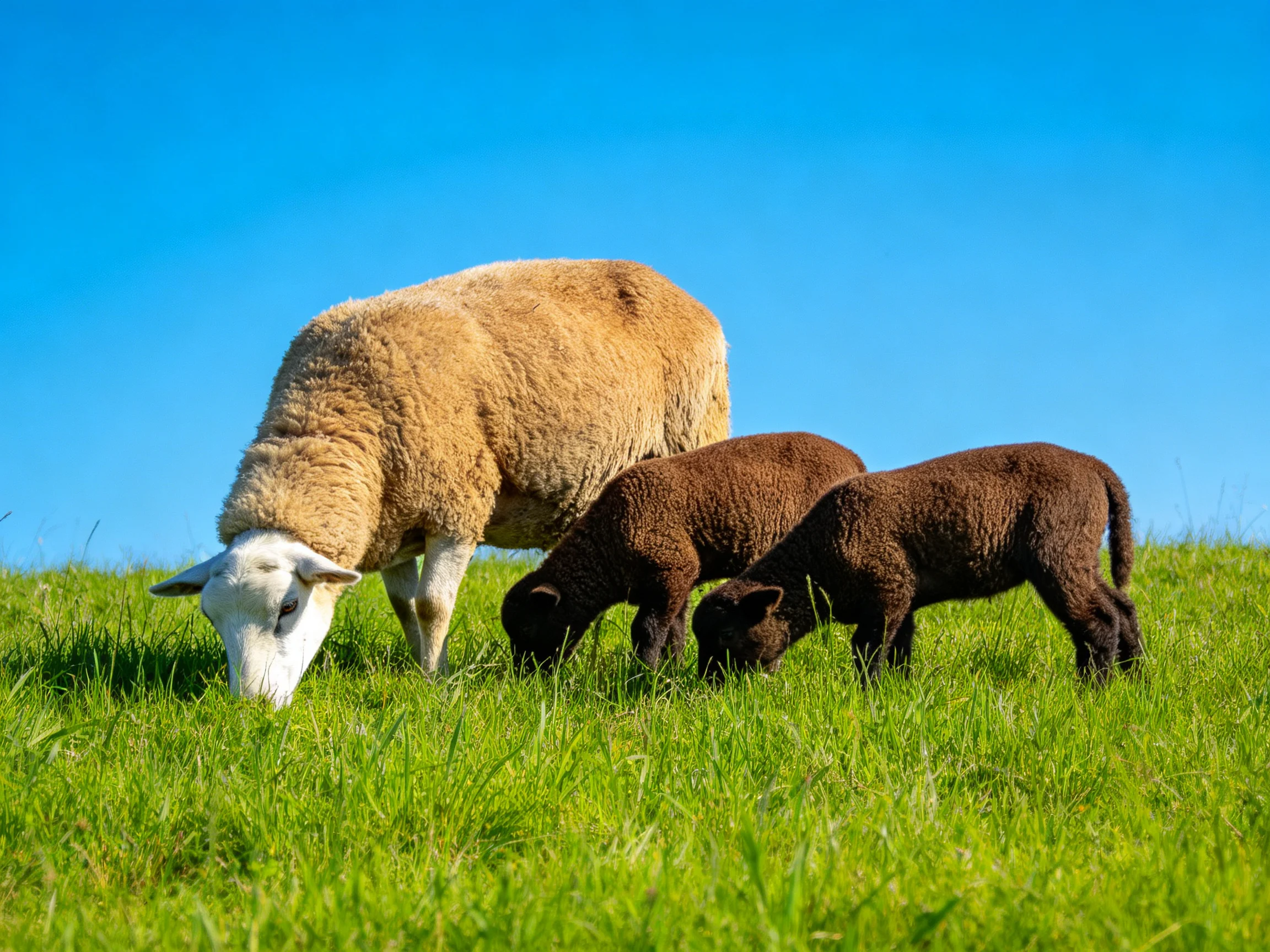 An adult sheep and two lambs graze on lush green grass under a clear blue sky