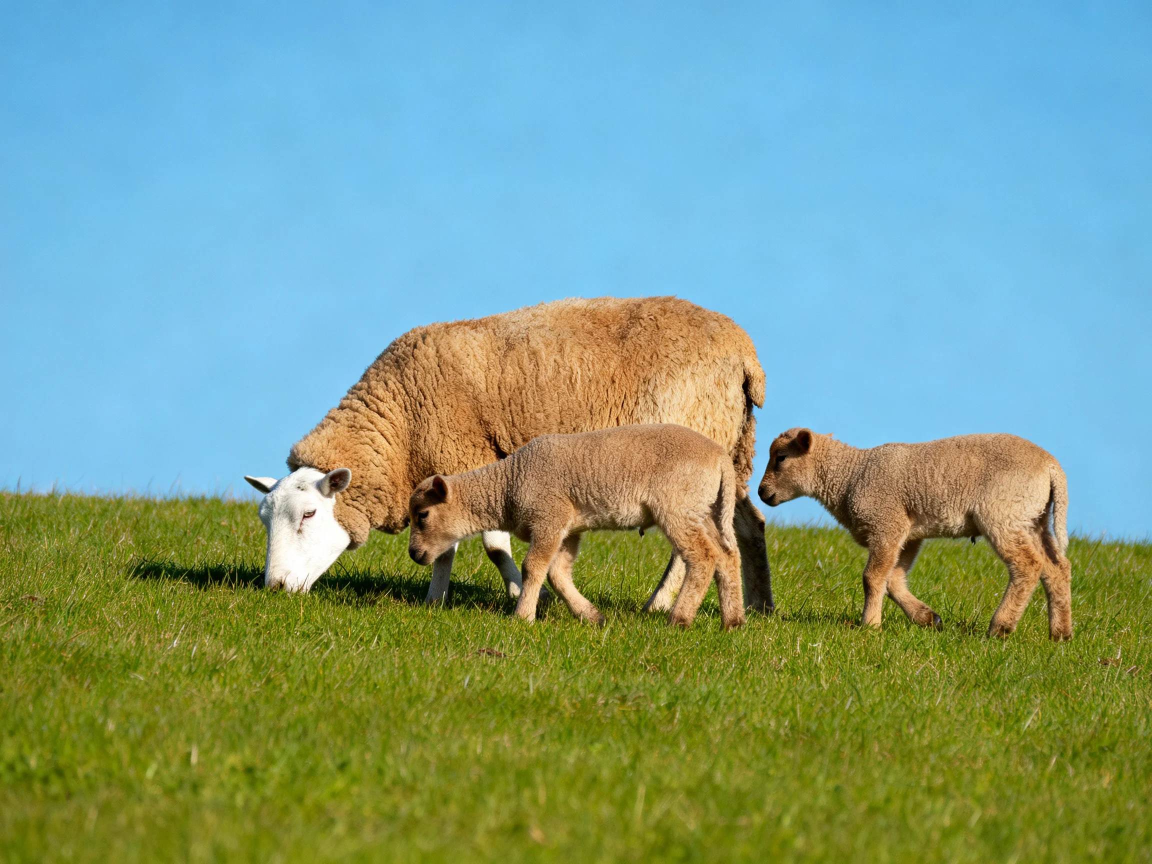 An adult sheep and two lambs graze on lush green grass under clear blue sky