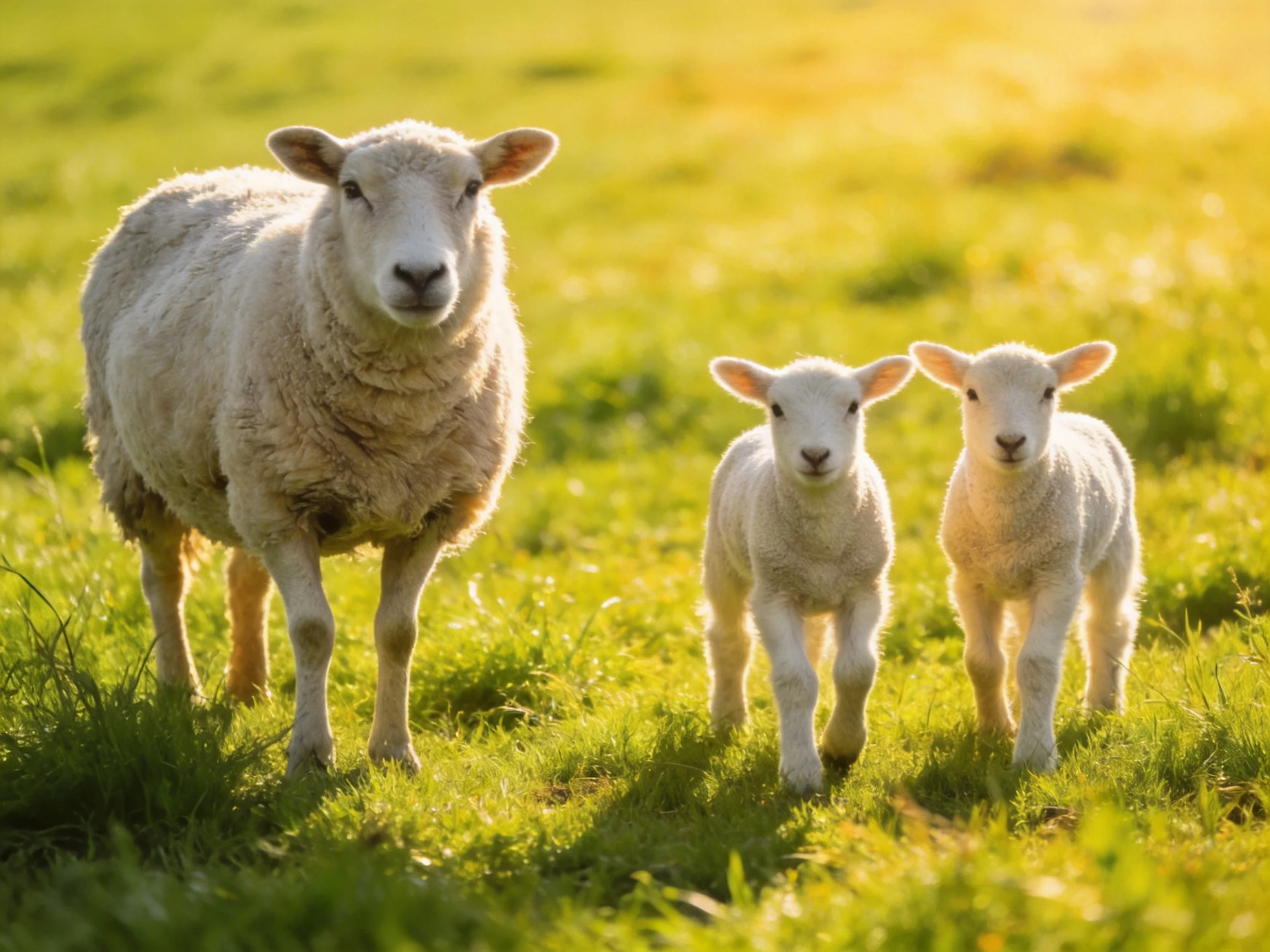 An adult sheep and two lambs walk in a sunlit green field
