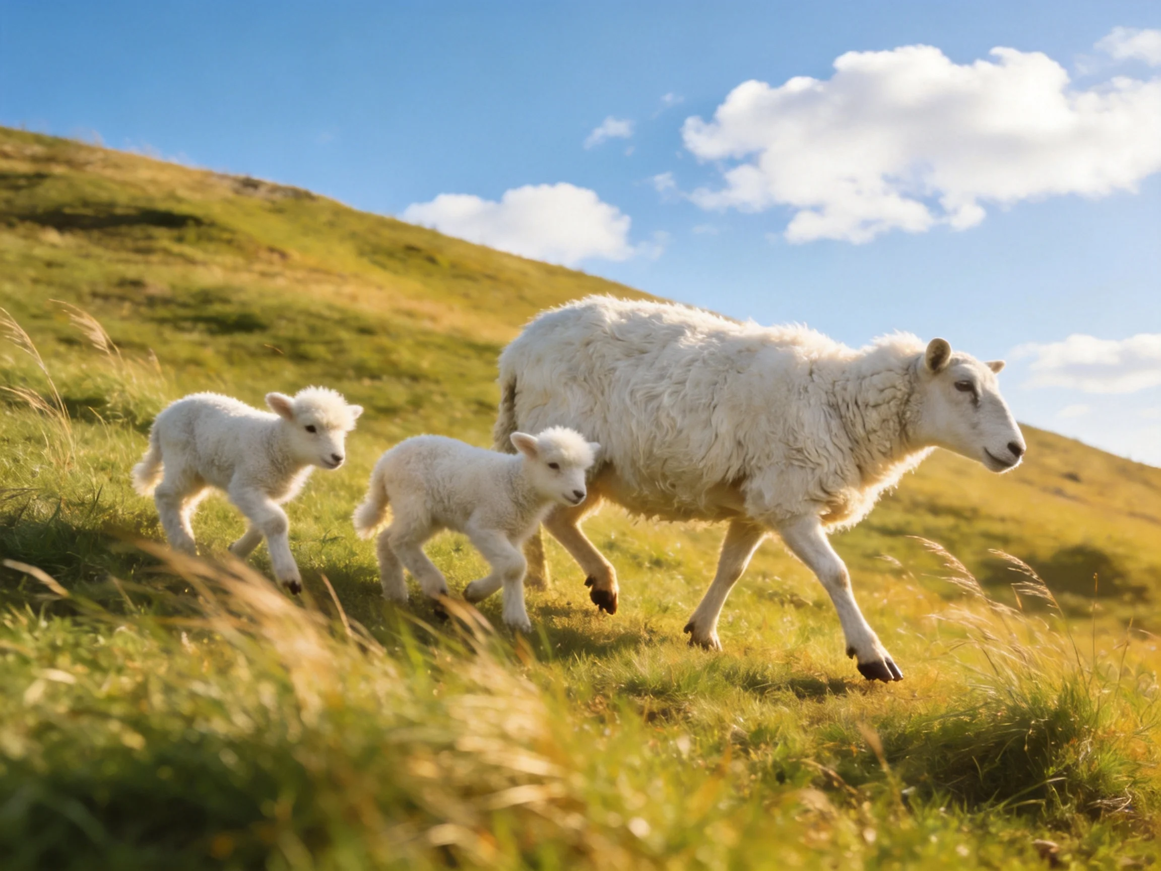 An adult sheep and two lambs walk through a sunlit green meadow