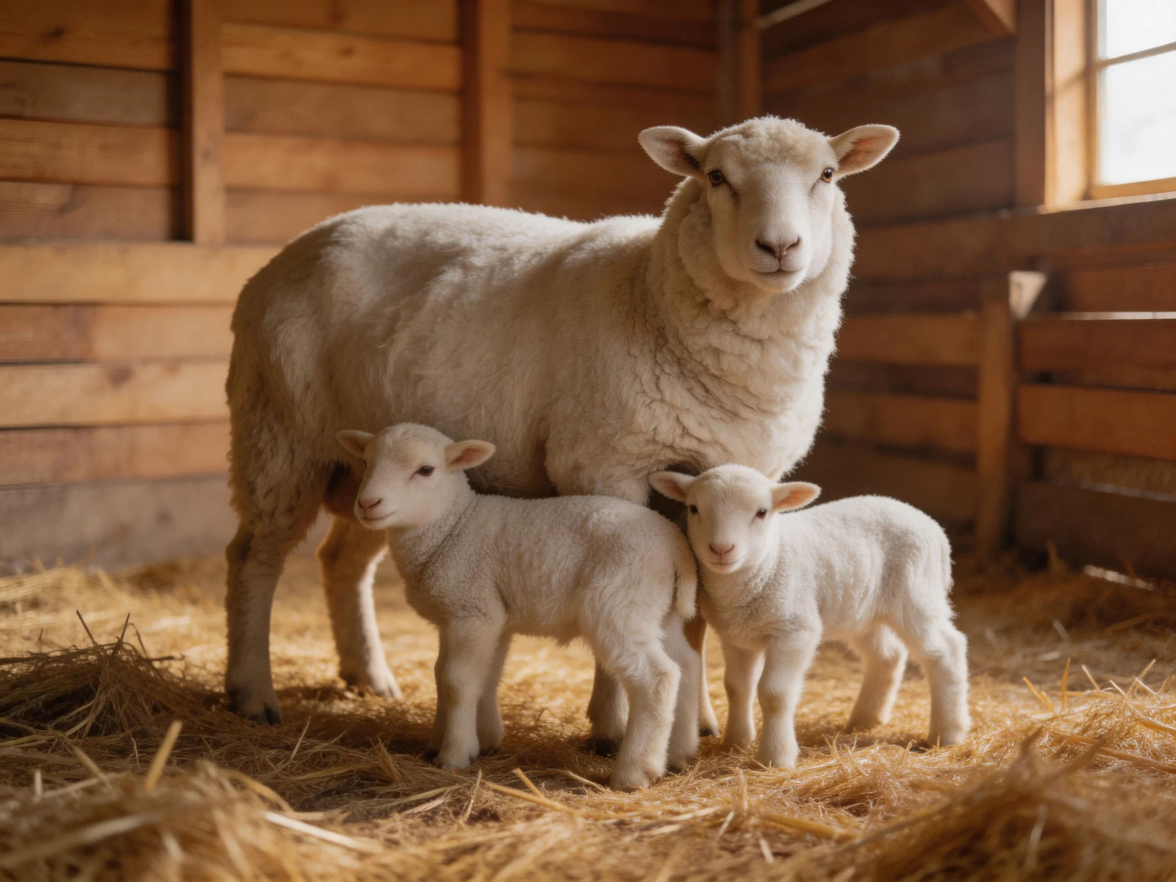 An adult sheep and twolambs in a wooden barn with straw bedding