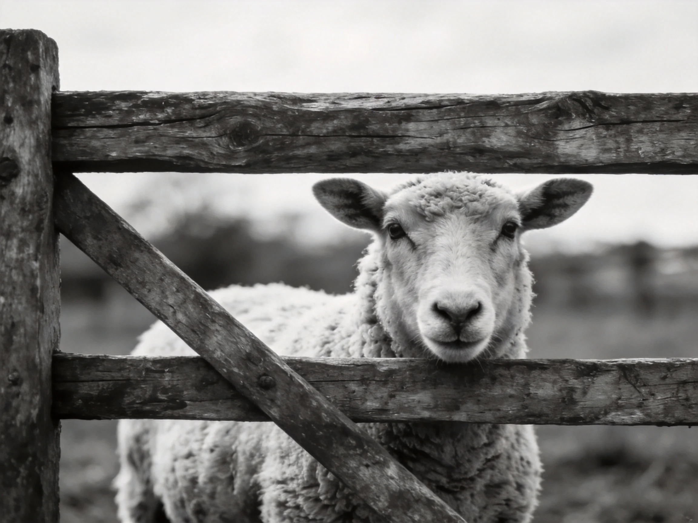 An adult sheep peering through an aged wooden fence