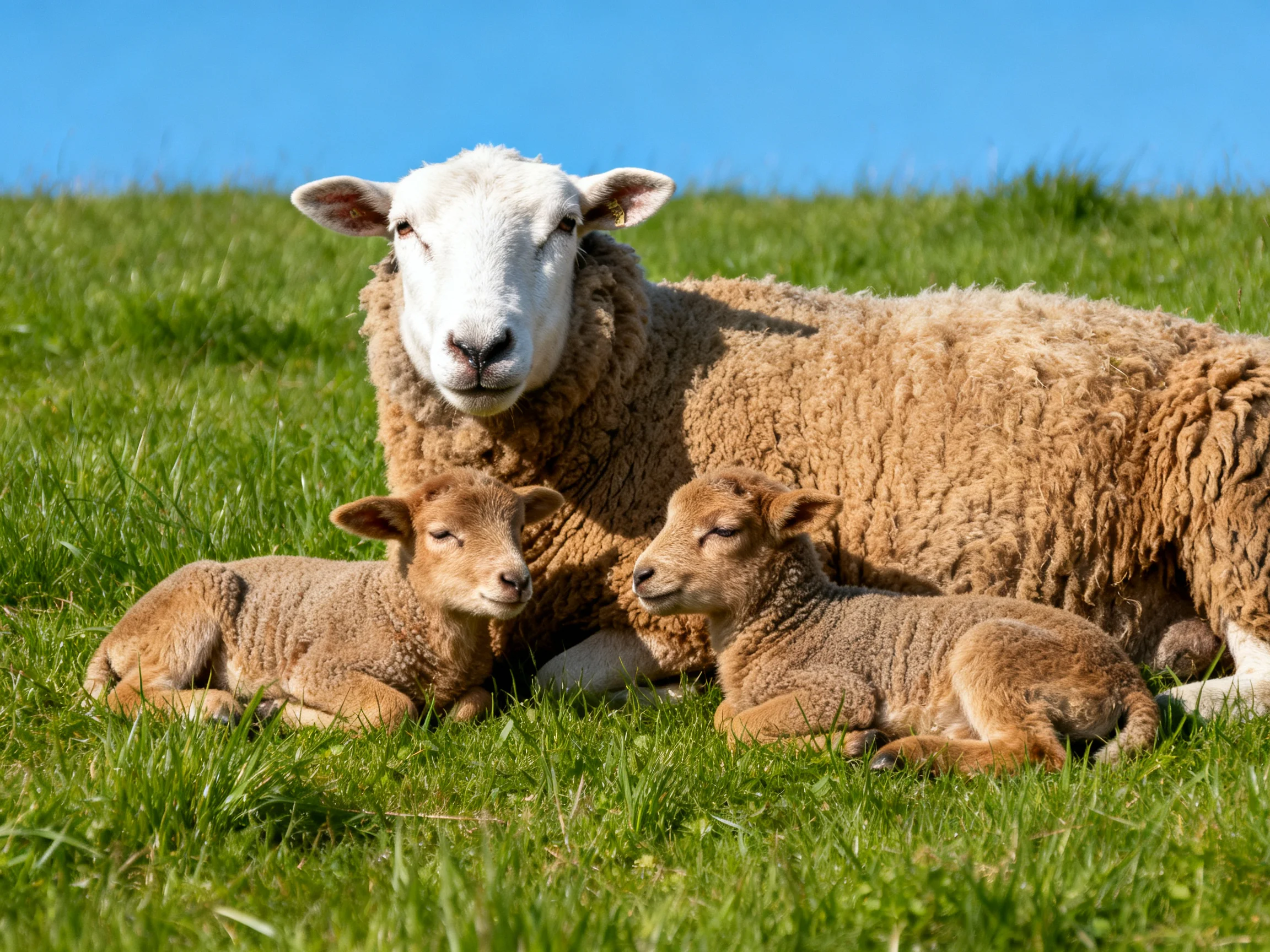 An adult sheep with two lambs resting on lush green grass