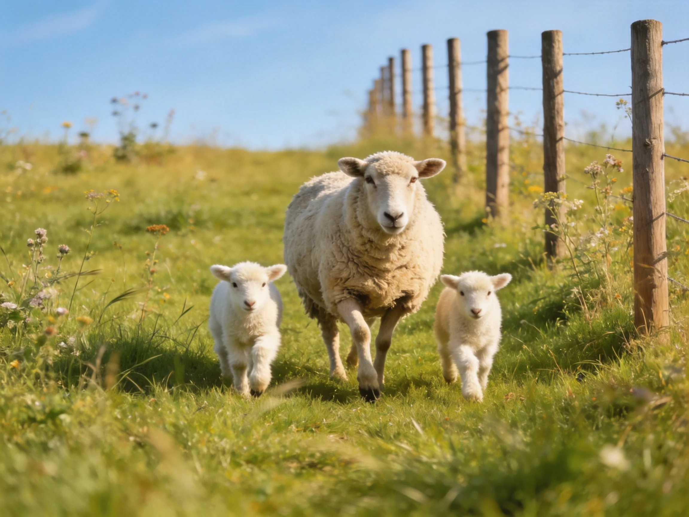 An adult sheep with two lambs walking through a green meadow near a wooden fence