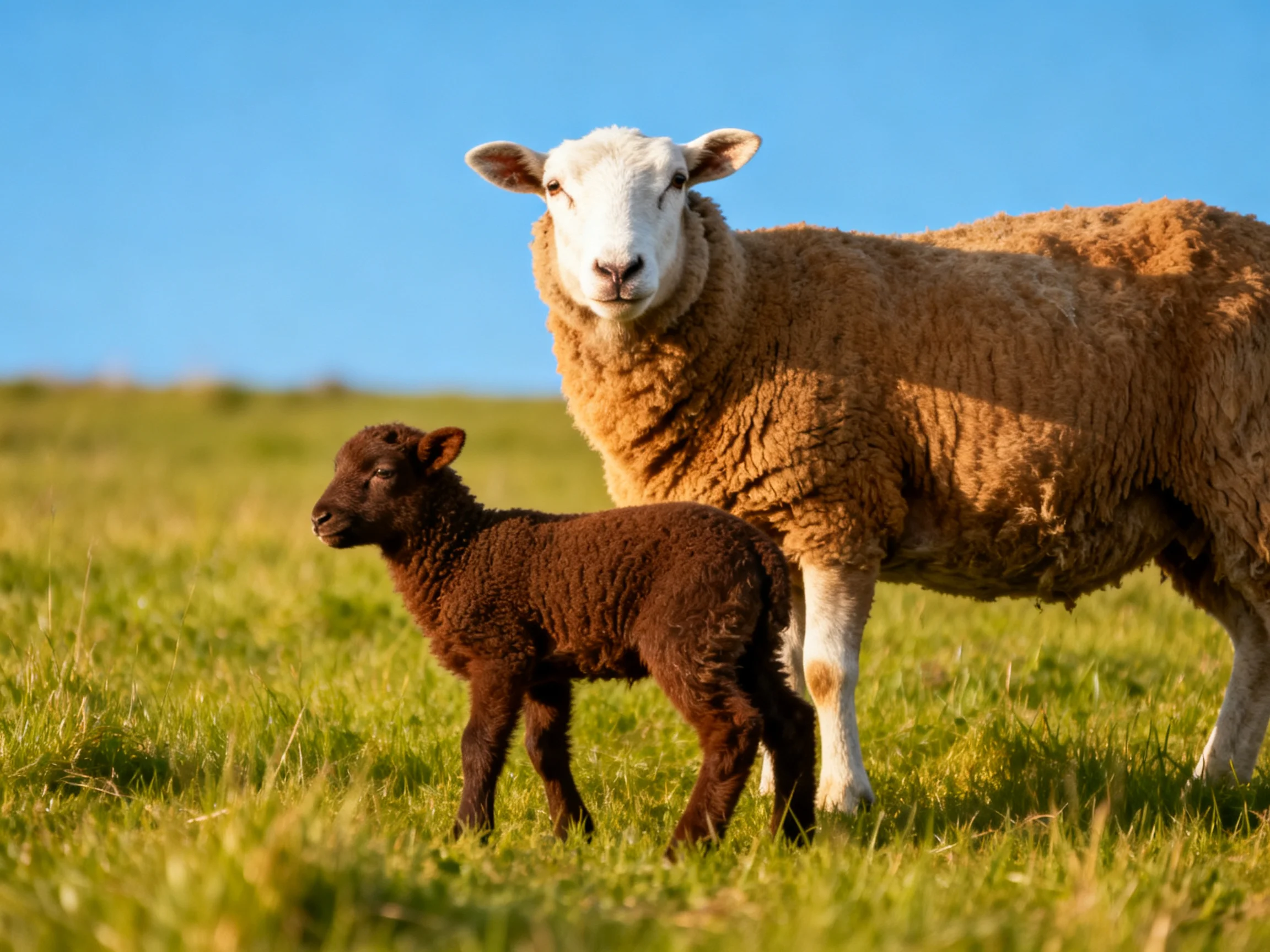 An adult tan sheep and young brown lamb in a green meadow under blue sky
