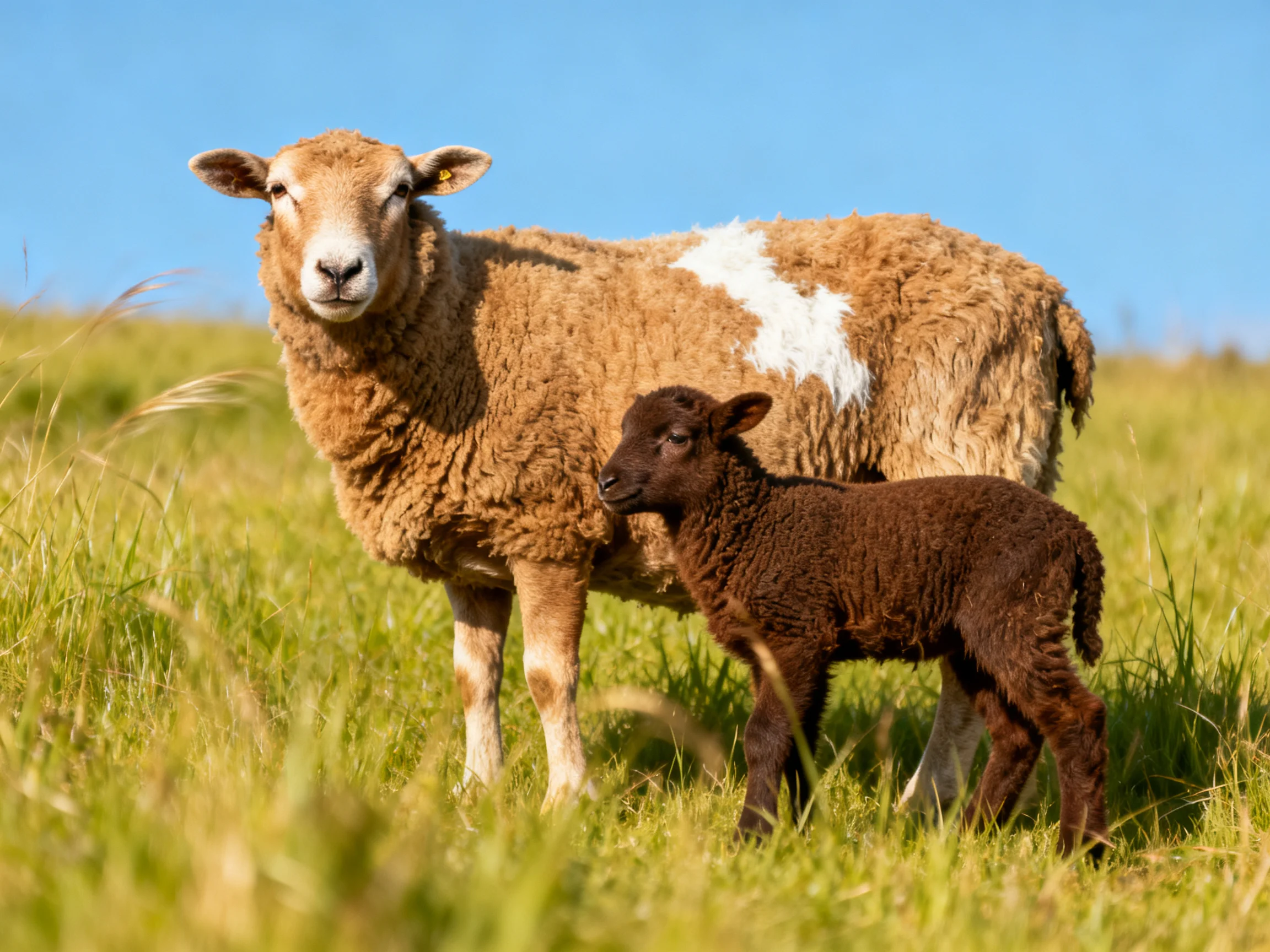 An adult tan sheep with white patch and dark brown lamb in green pasture