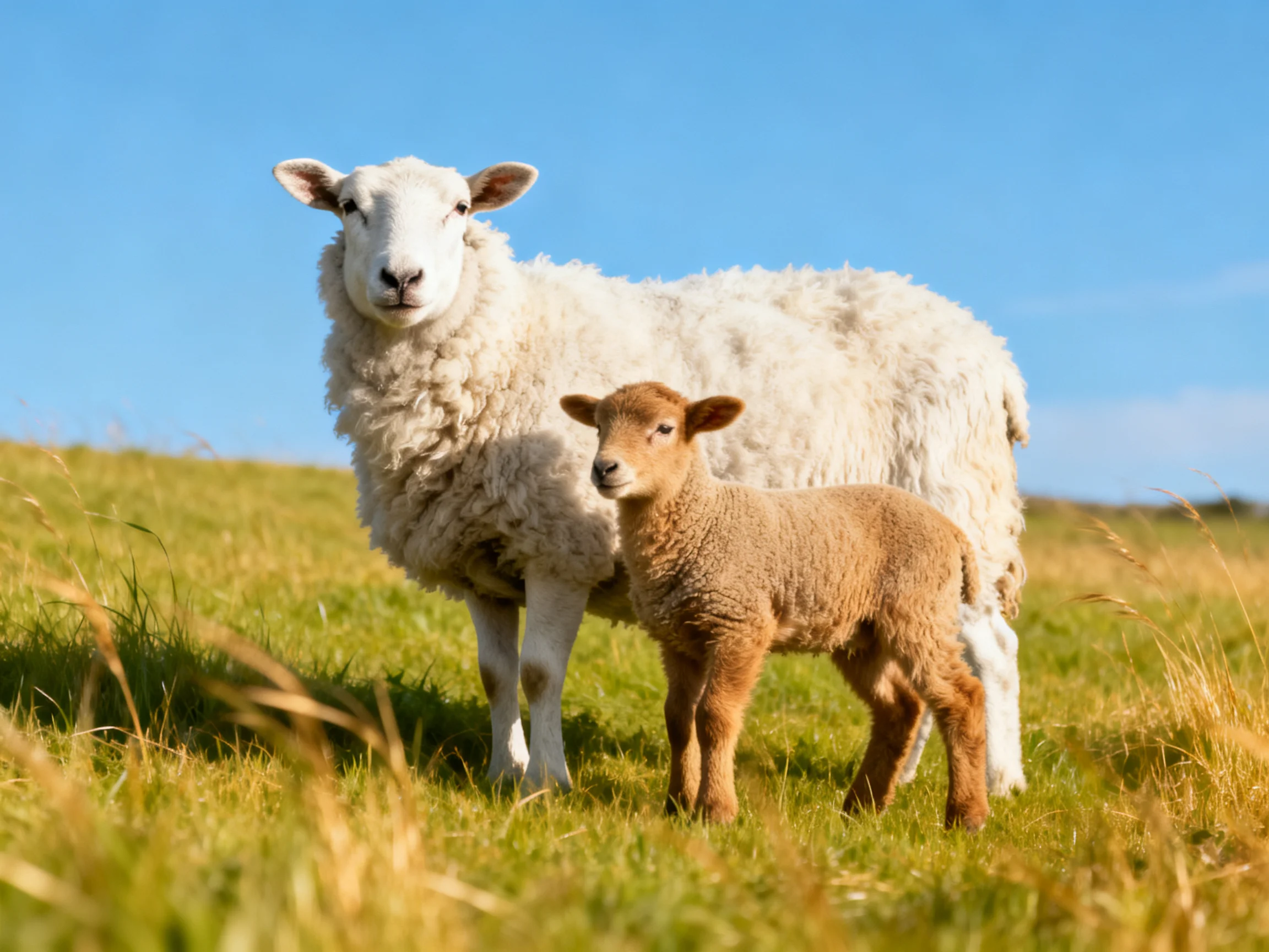 An adult white sheep and brown lamb in a sunlit green meadow