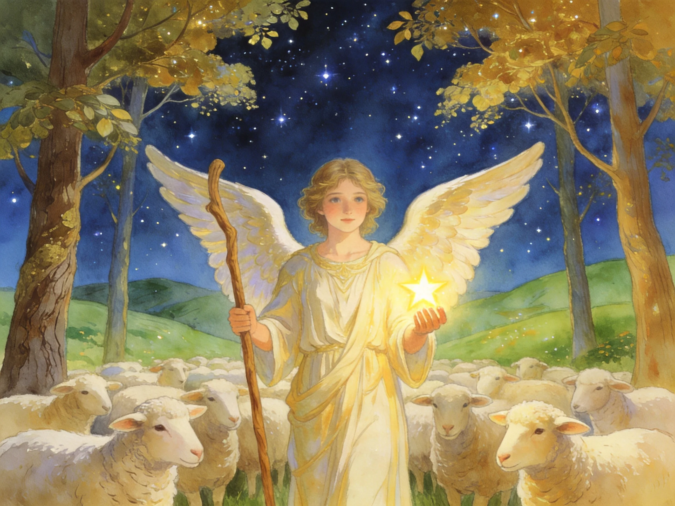 An angel with golden wings guiding sheep under a starry night sky