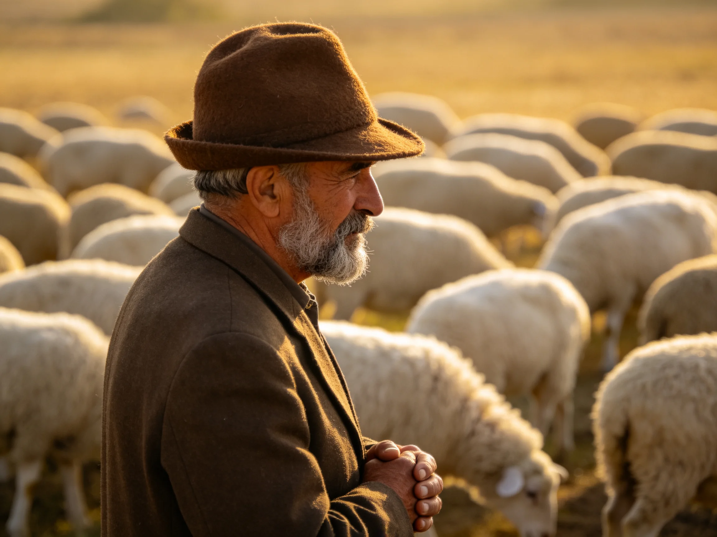An elderly man in a brown hat tends to a large flock of white sheep under golden light.