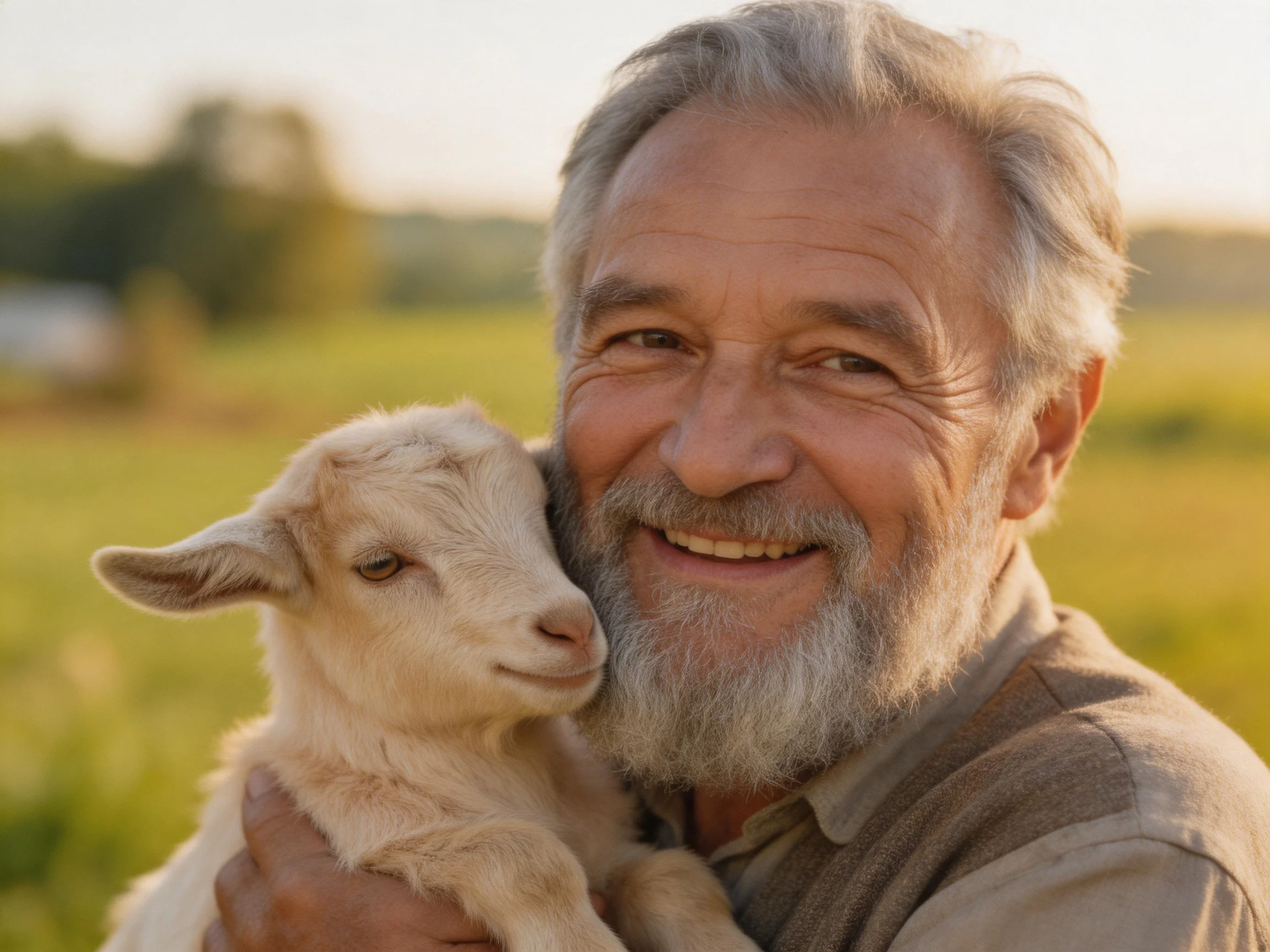 An elderly man with gray hair holds a white baby goat in a sunlit green field.