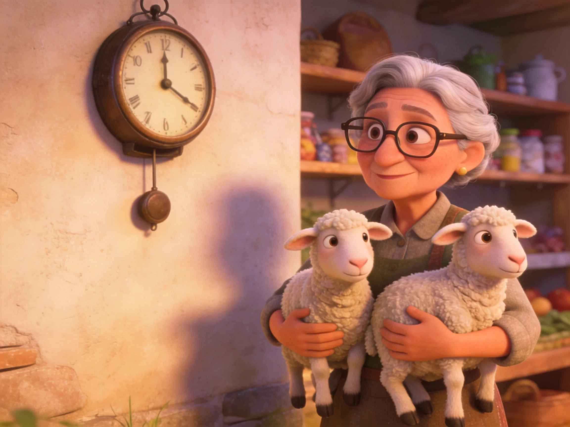 An elderly woman holds two sheep beside a wall clock and shelves