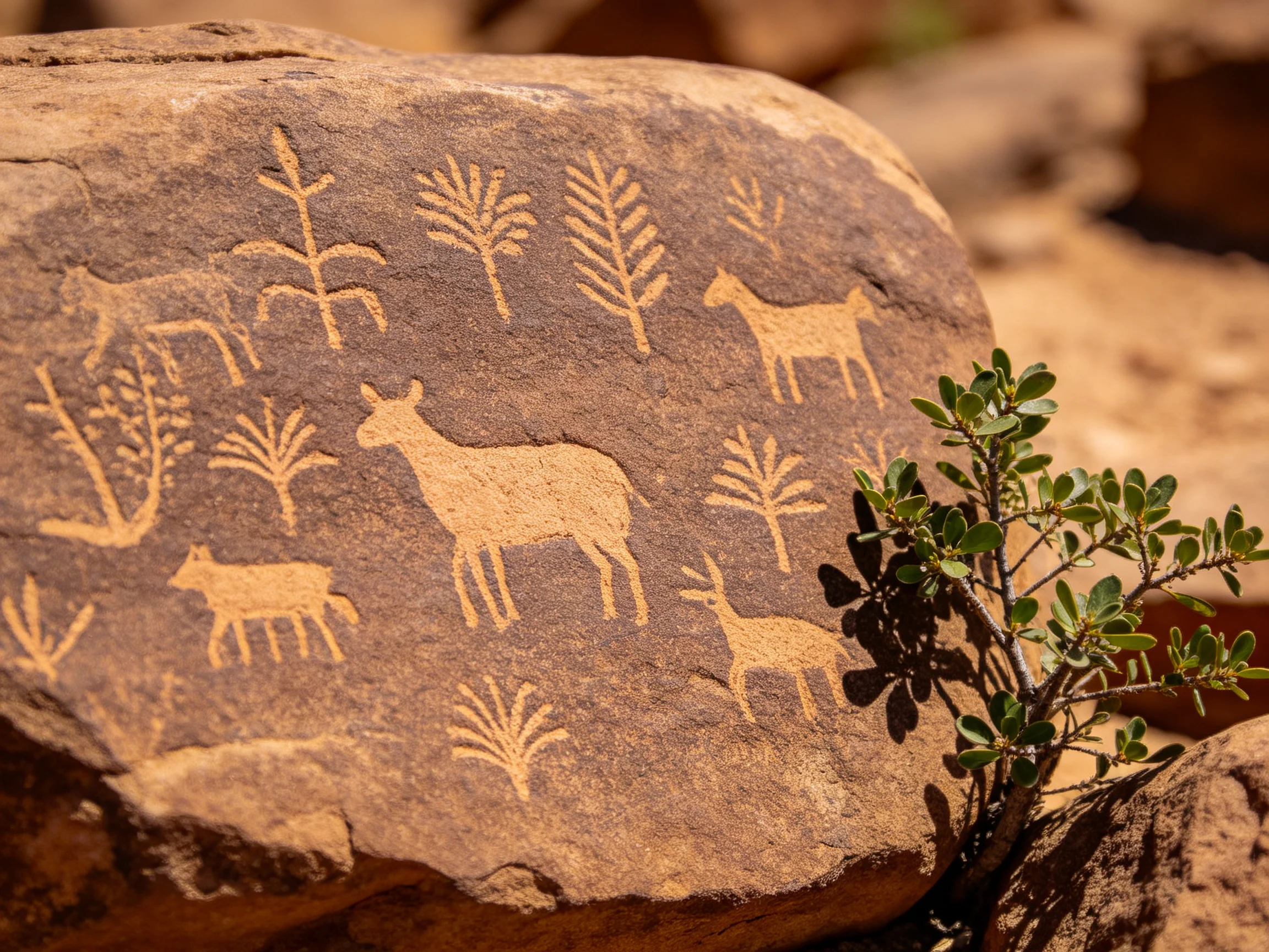 Ancient petroglyphs of animals and trees on large brown rock