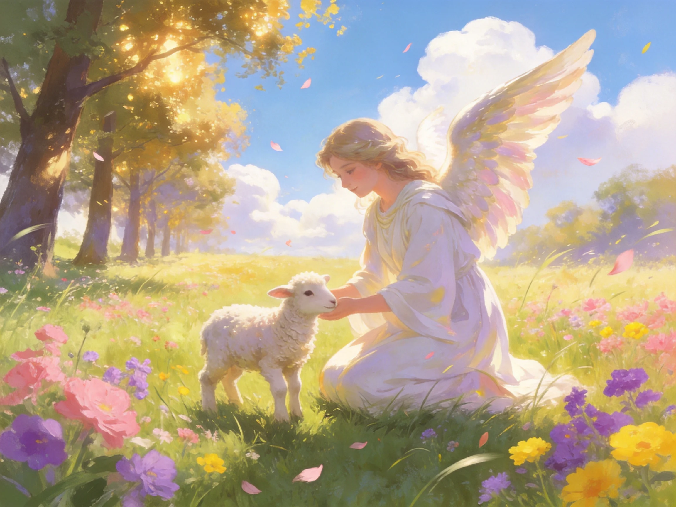 Angel in white gown caring for lamb in vibrant flower meadow