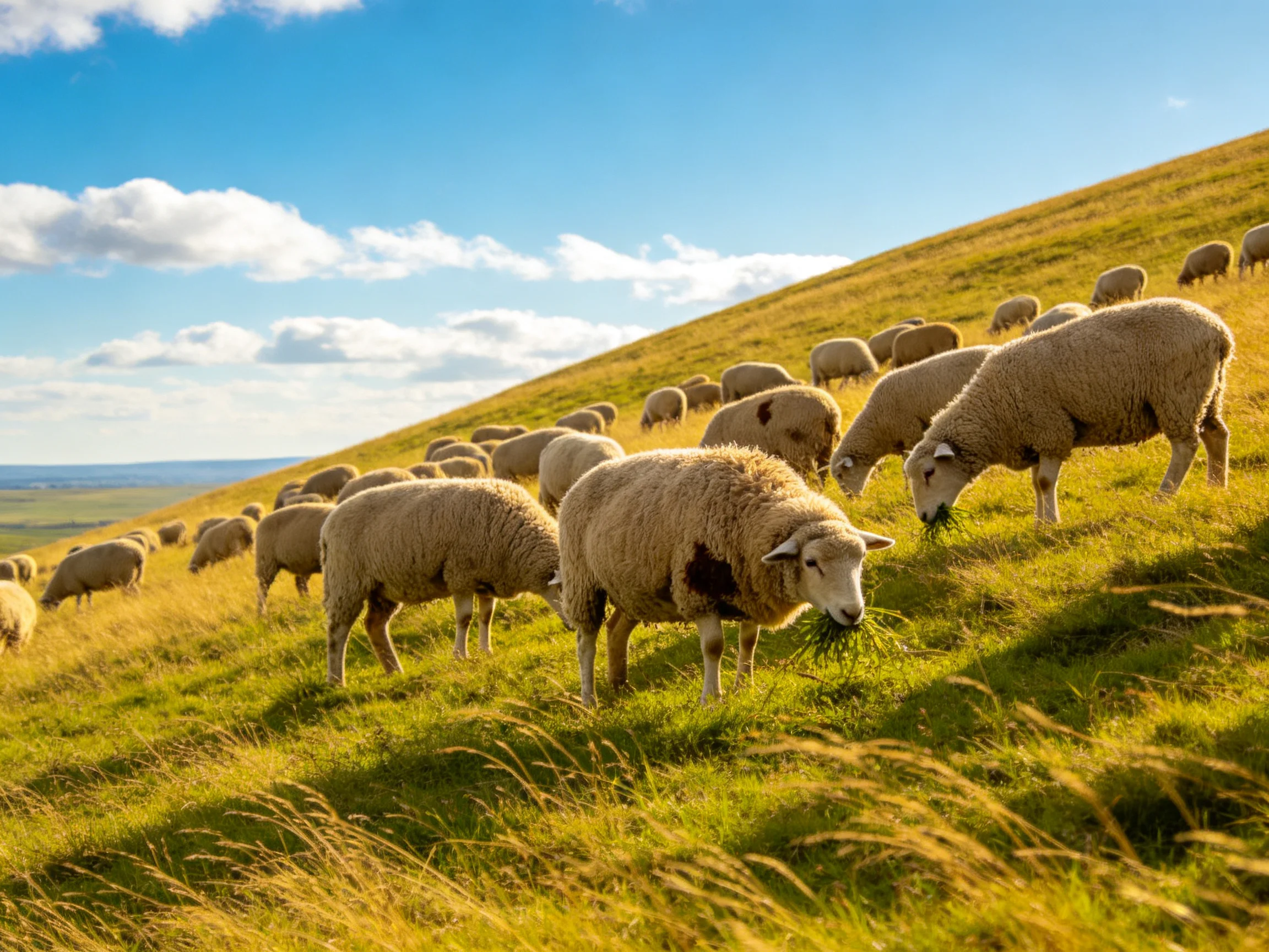 Approximately thirty sheep graze on golden-hued hillside under blue sky