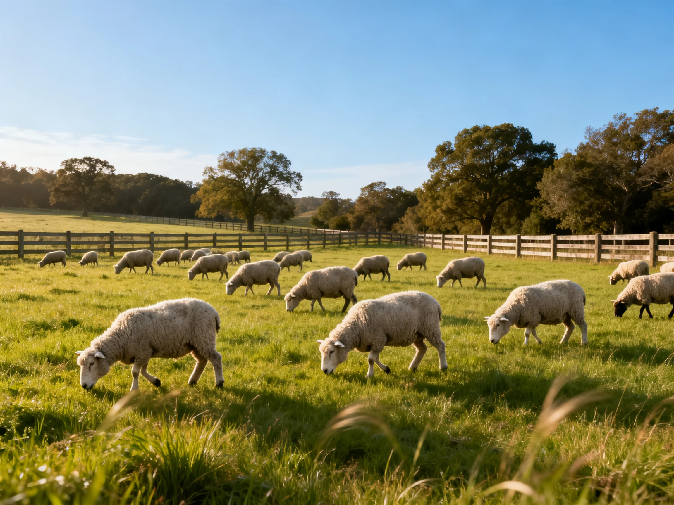 Approximately twenty sheep graze in a sunlit green fenced pasture