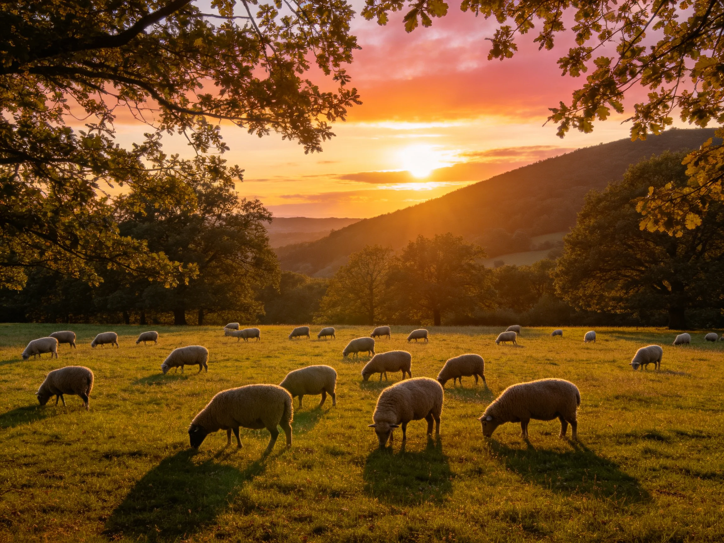 Approximately twenty sheep graze in golden meadow beneath vibrant sunset sky