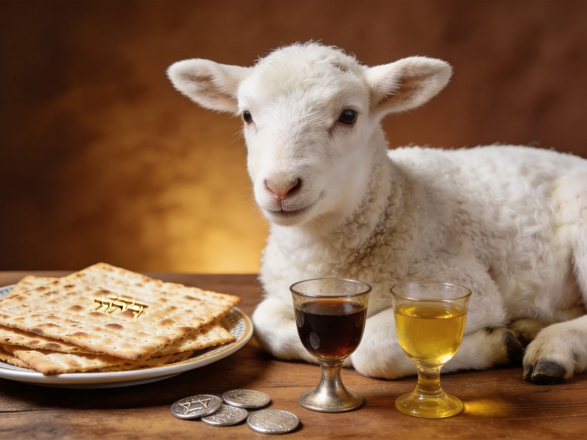 Awhite lamb rests beside matzah, wine glasses, and silver coins