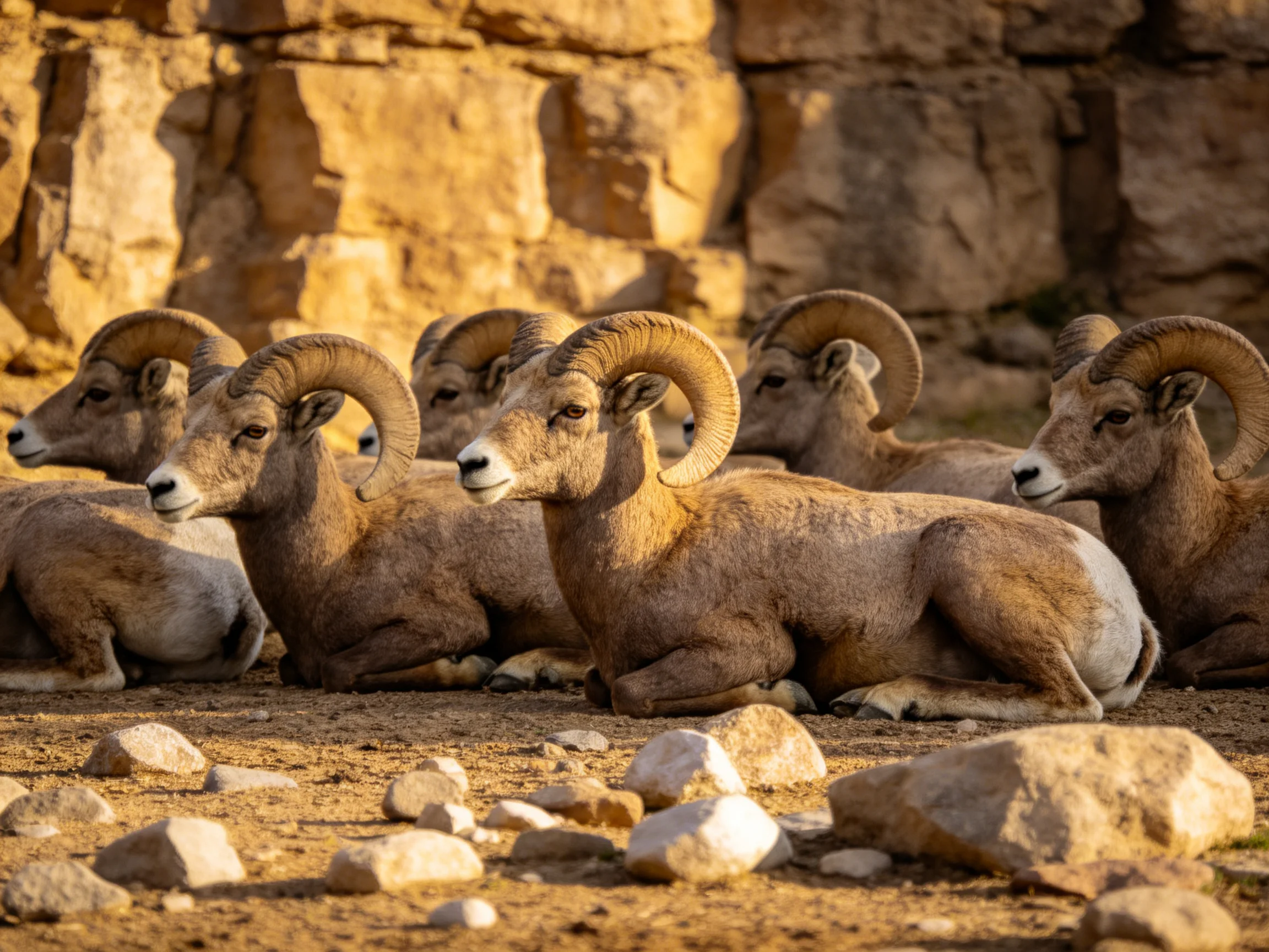 Bighorn Rams Resting Among Rocky Terrain Under Warm Light