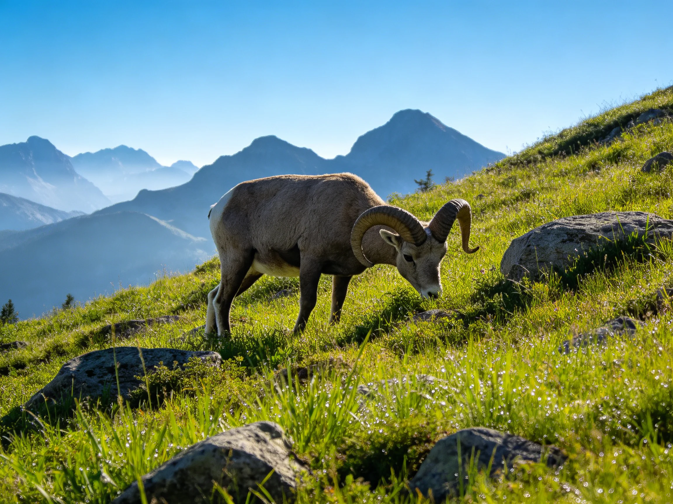 Bighorn Sheep Grazing on Lush Green Hillside Near Mountain Peaks