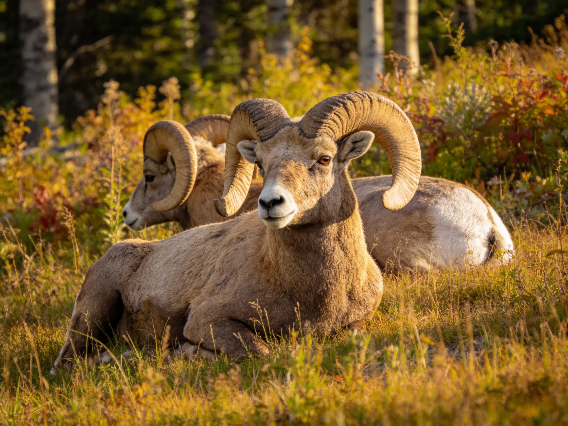 Bighorn Sheep Resting in a Sunlit Autumn Meadow