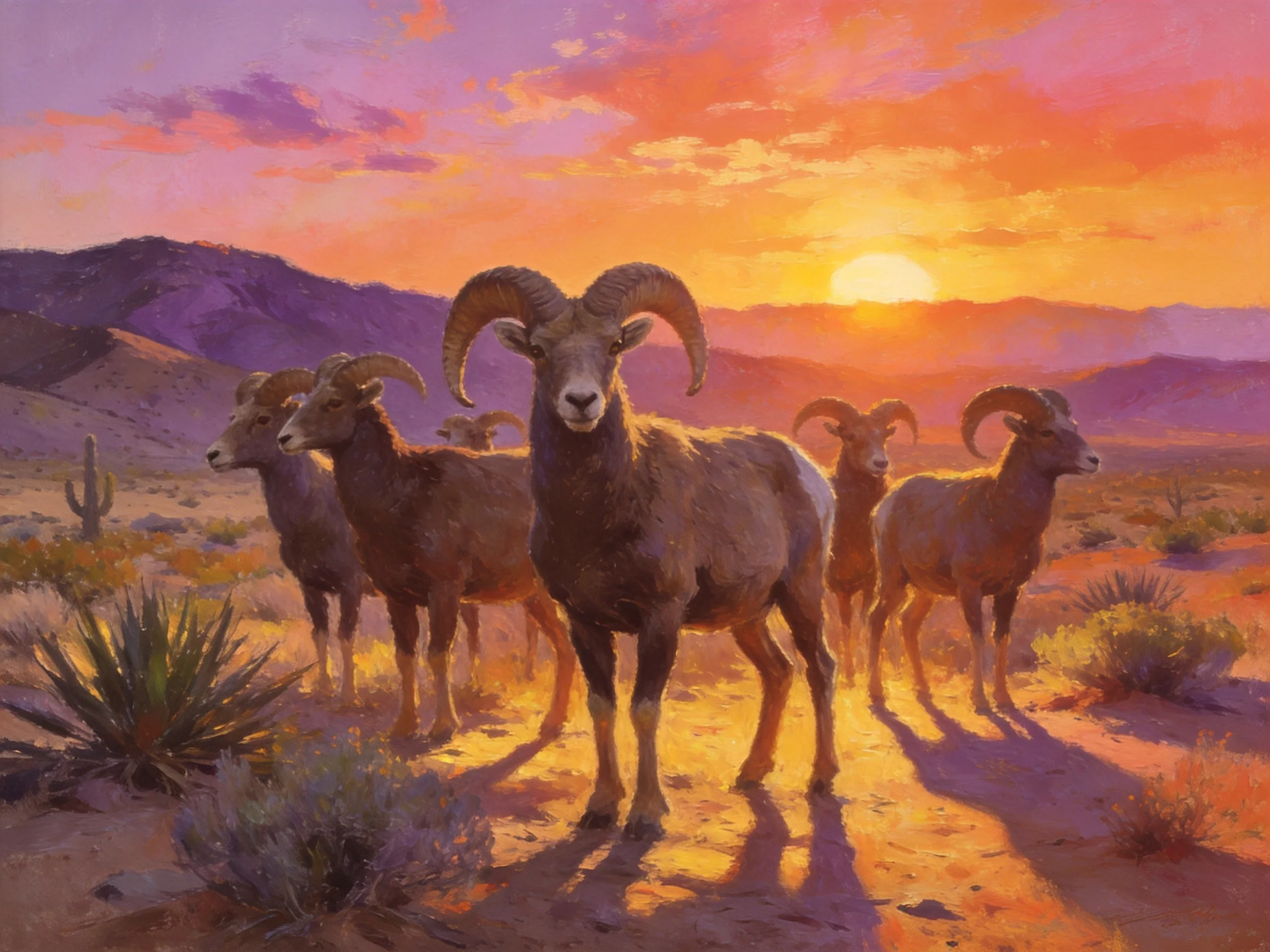 Bighorn Sheep in Desert Landscape Under Vibrant Sunset