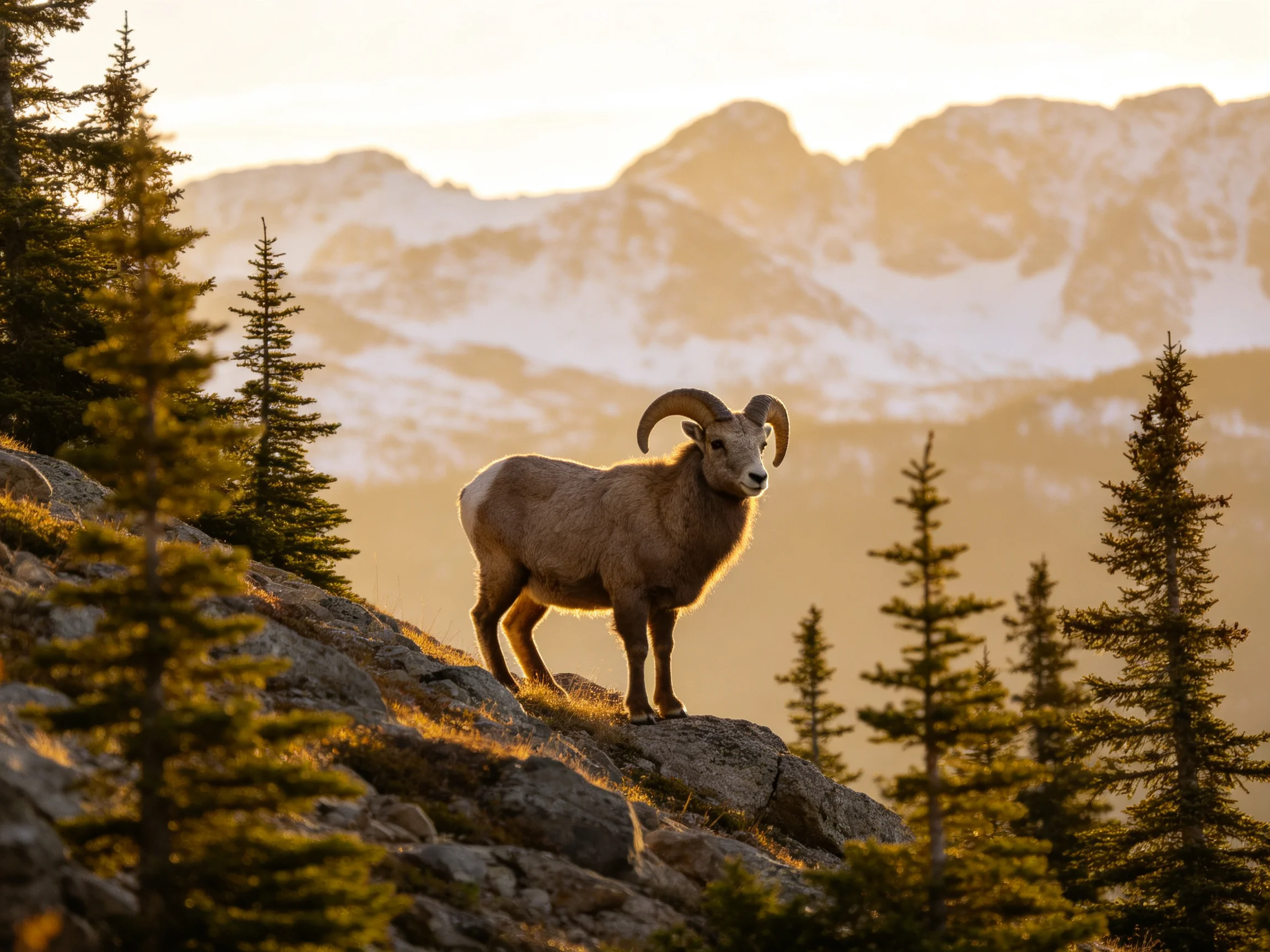 Bighorn Sheep on Rocky Hillside Near Pine Trees and Snowy Peaks