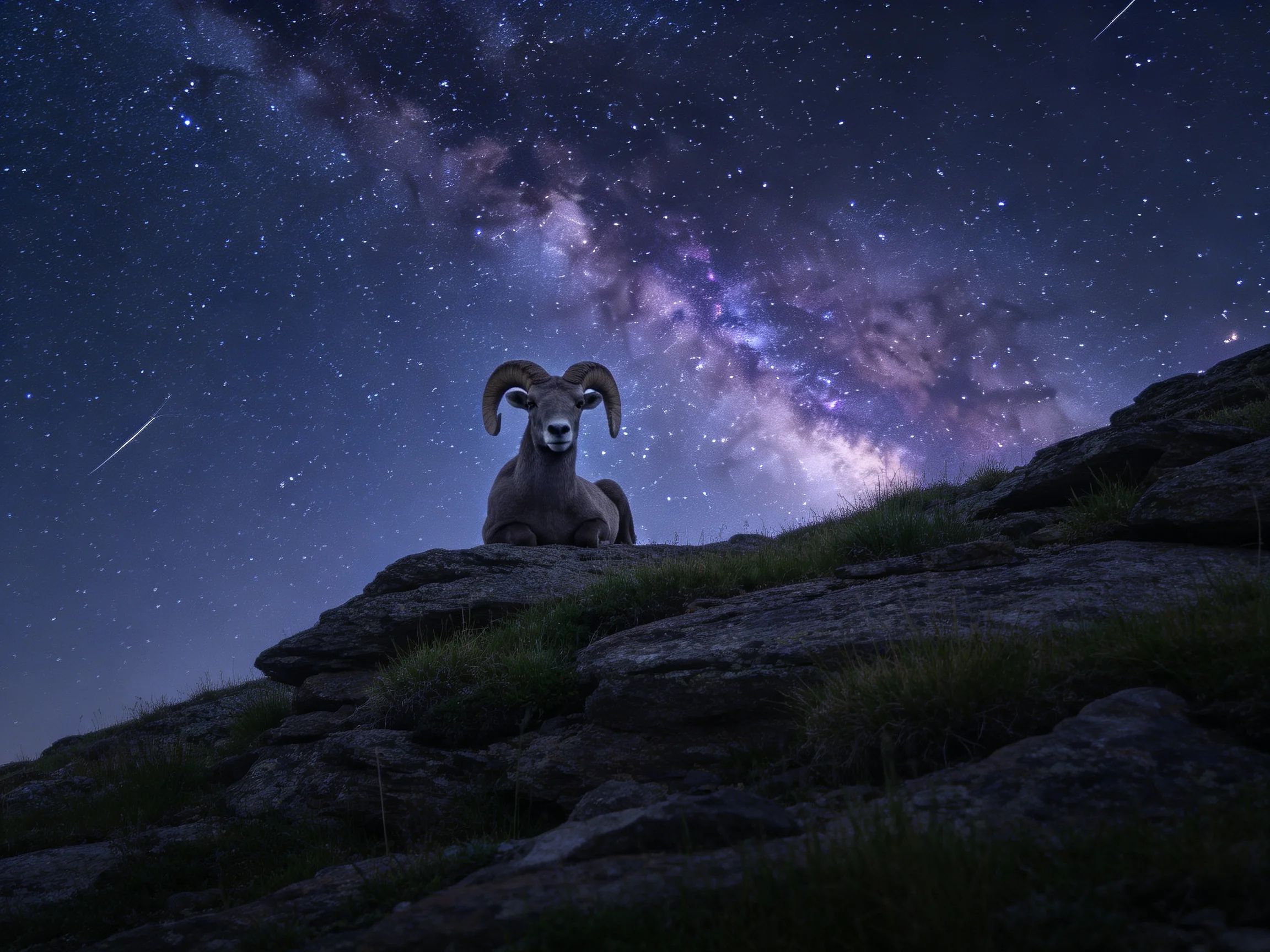 Bighorn Sheep on Rocky Hillside Under Starry Milky Way