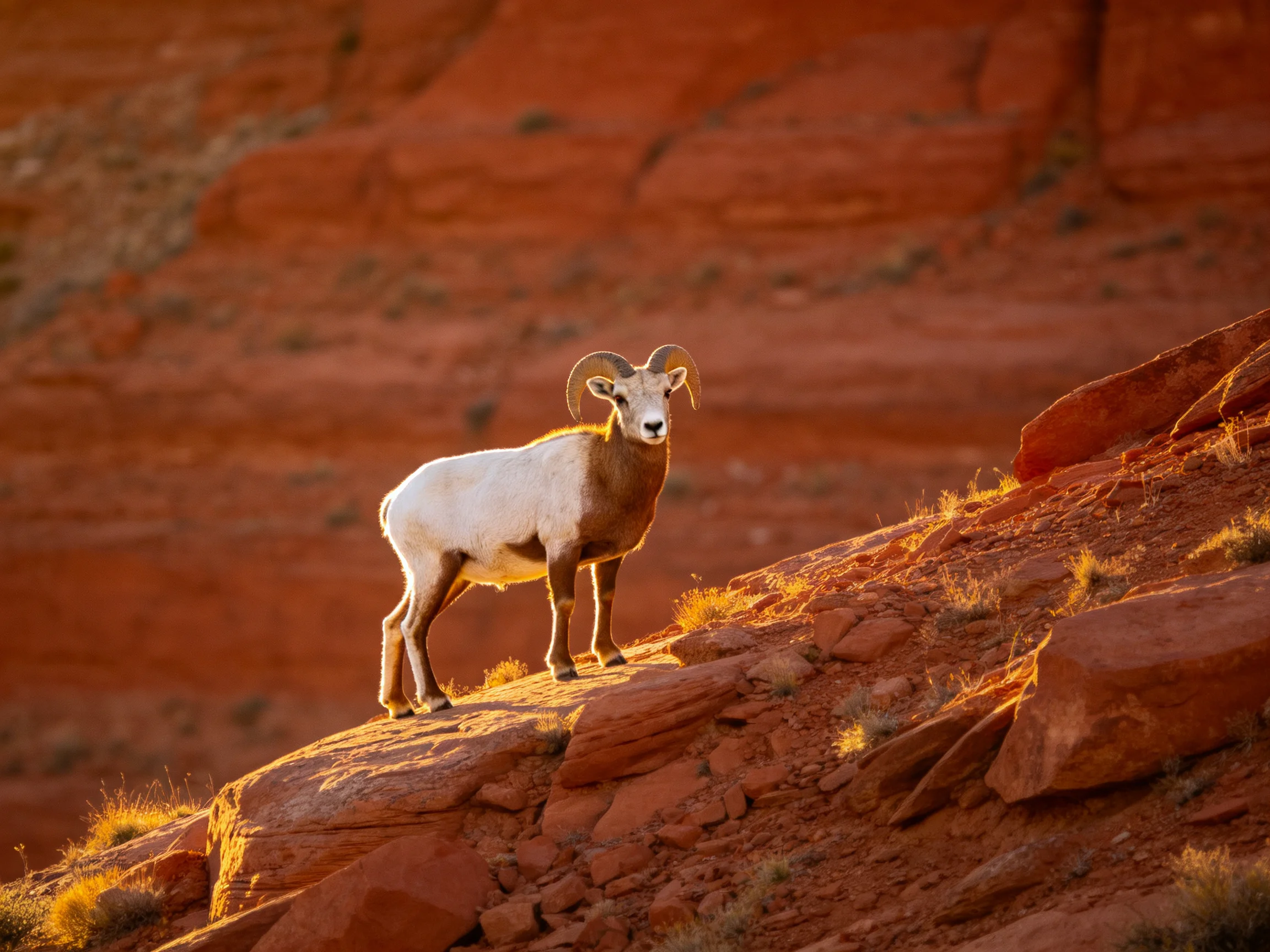 Bighorn Sheep on a Rocky Slope Amid Red Canyon Formations
