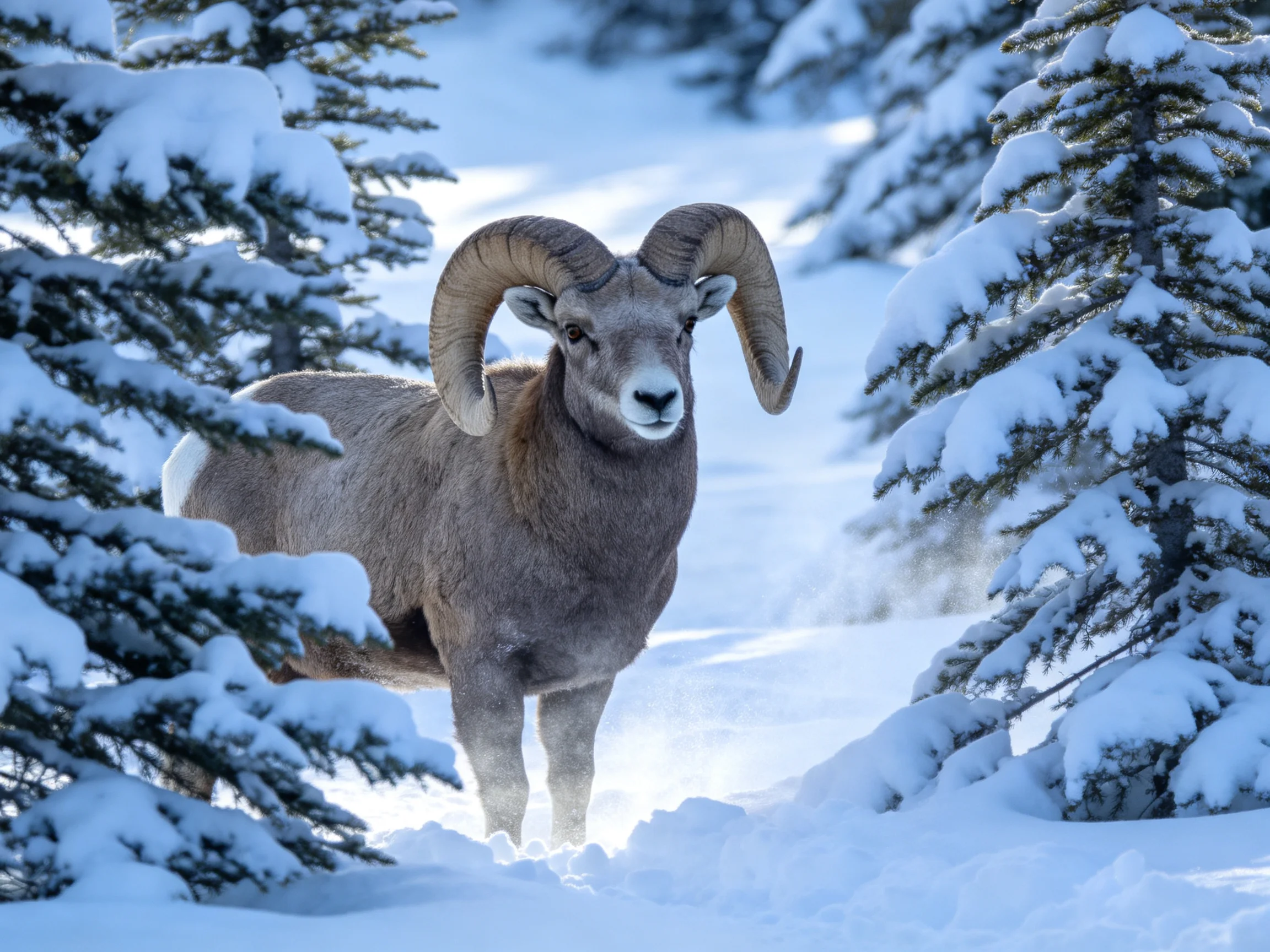 Bighorn ram with massive curved horns in snowy evergreen forest