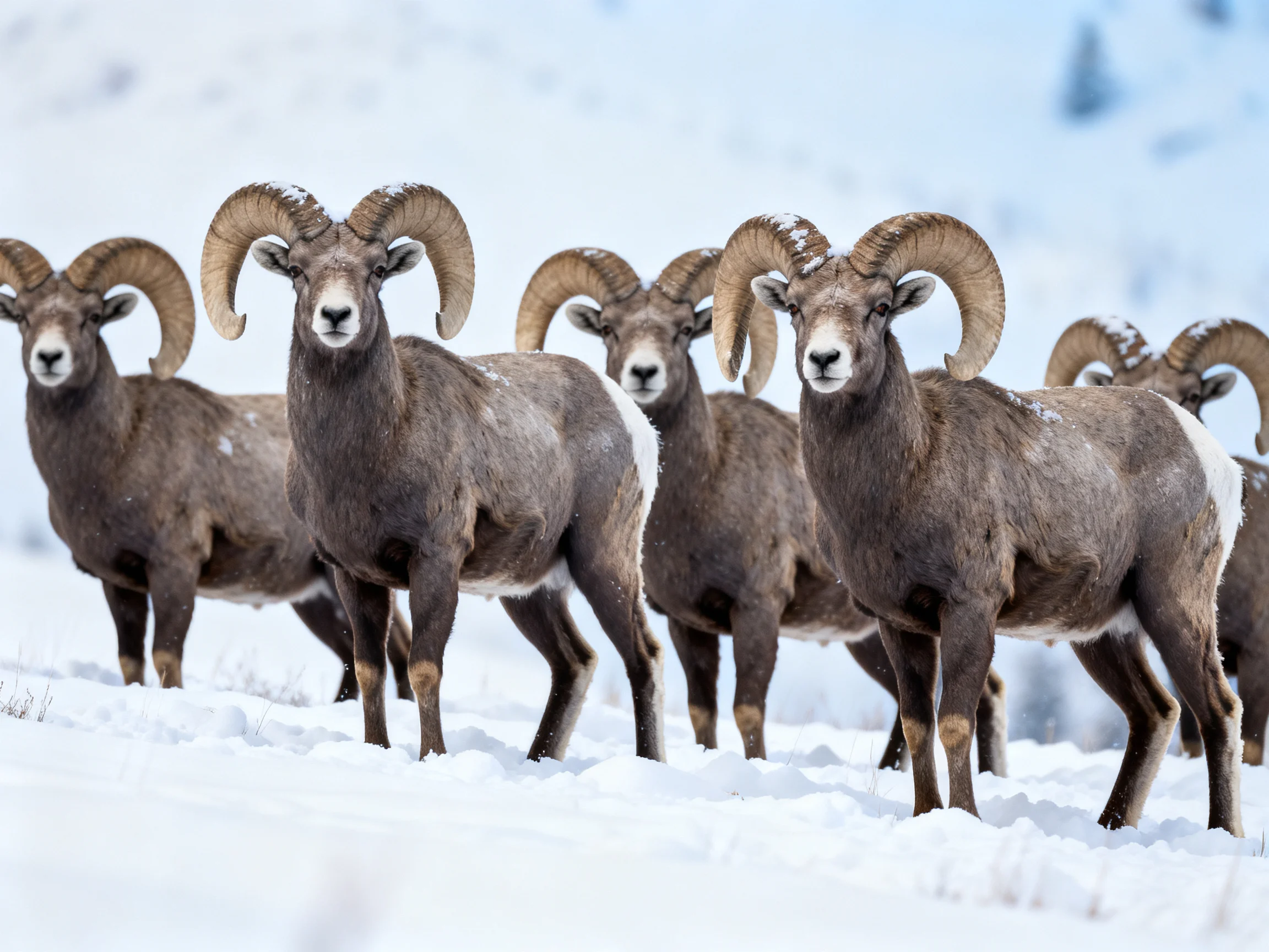 Bighorn rams gather in snowy mountain terrain